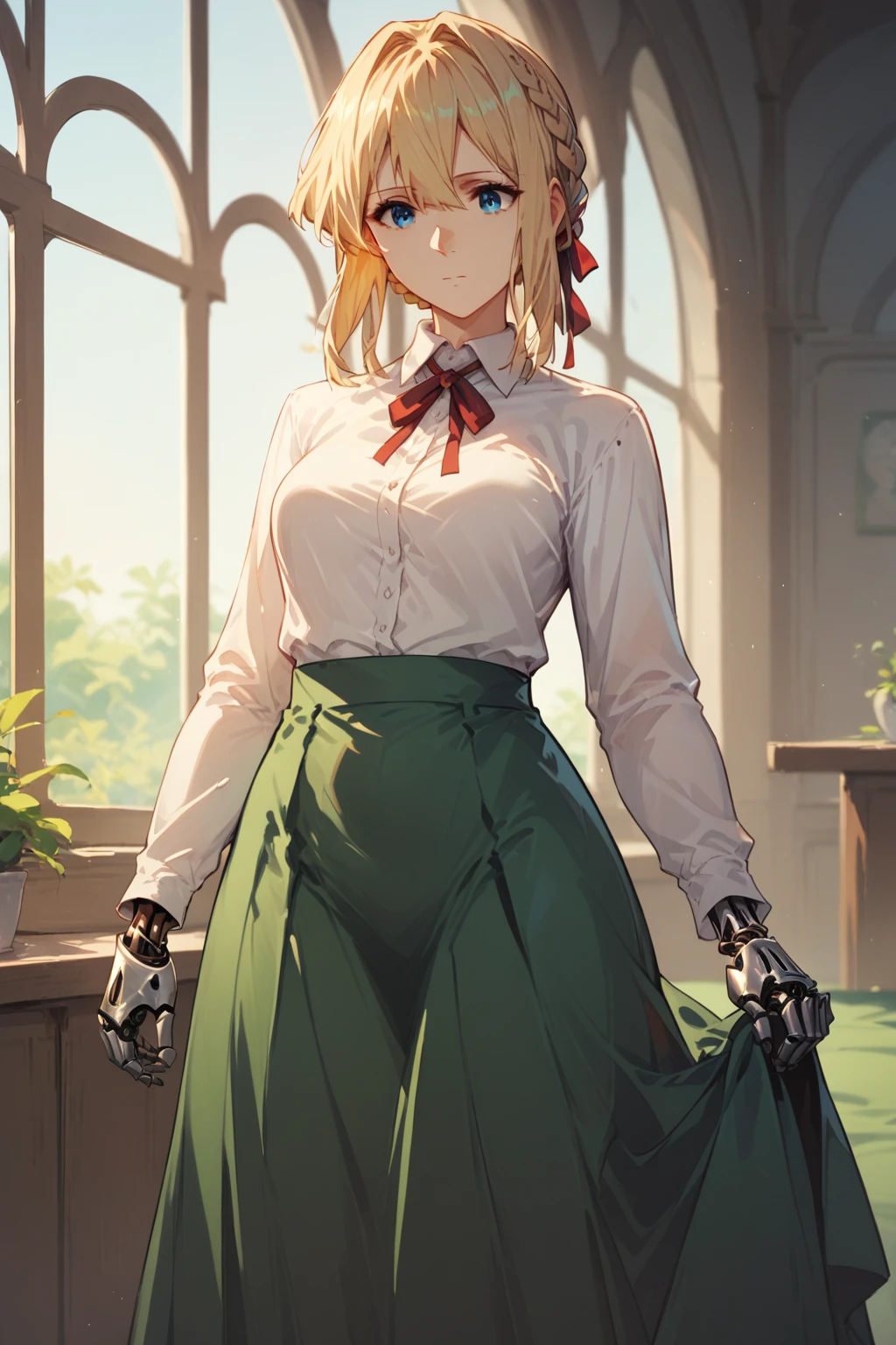 score_9, score_8_up, score_7_up,1girl,violet evergarden,blonde, braid, red ribbon, blue eyes, medium breasts, white shirt, collared shirt, green skirt, long skirt, ,long sleeves, prosthetic hands, cowboy shot