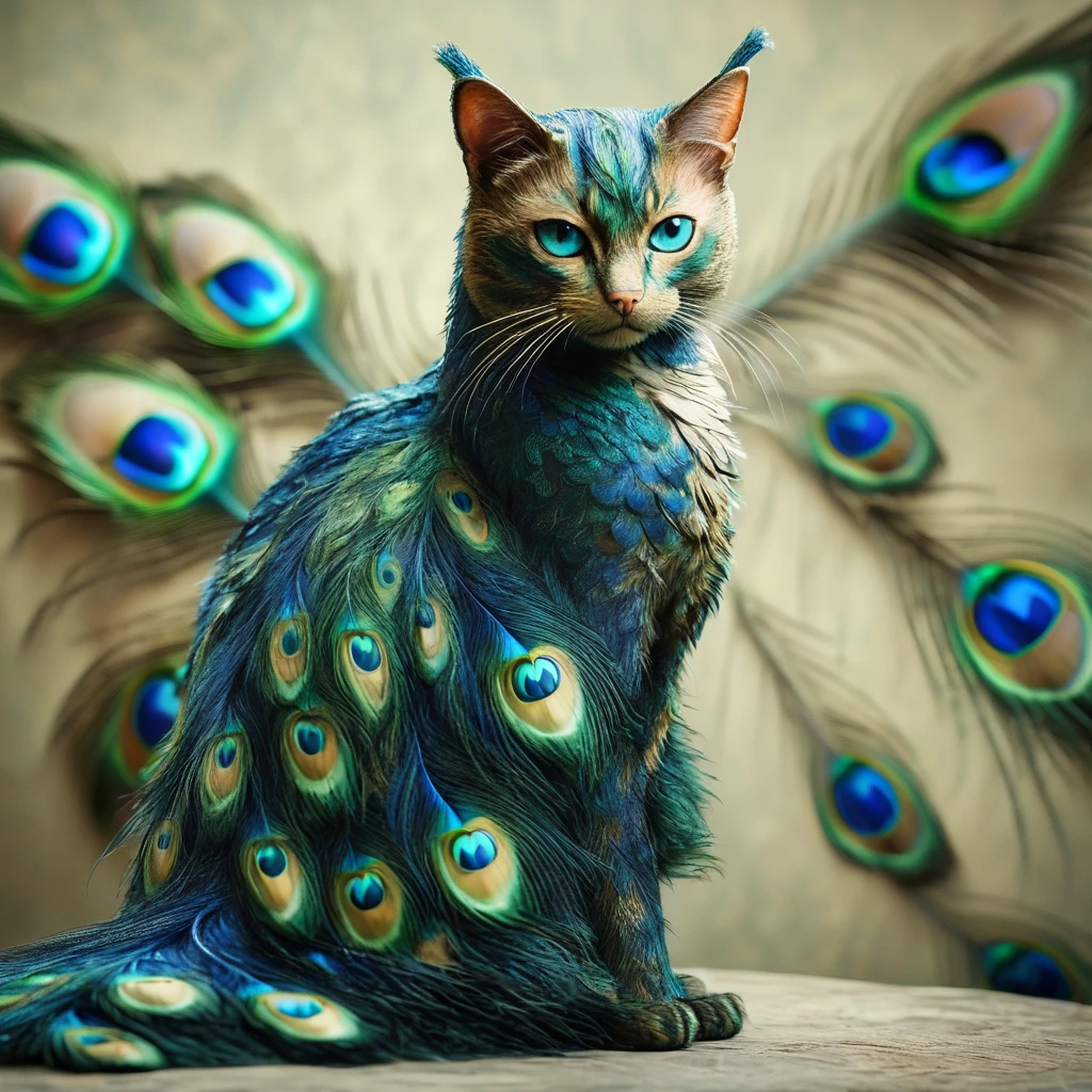 pavolaris cat full body with peacock feathers, professional  photo, expressive, detailed, sharpened, cinematic<lora:pavolaris:1>