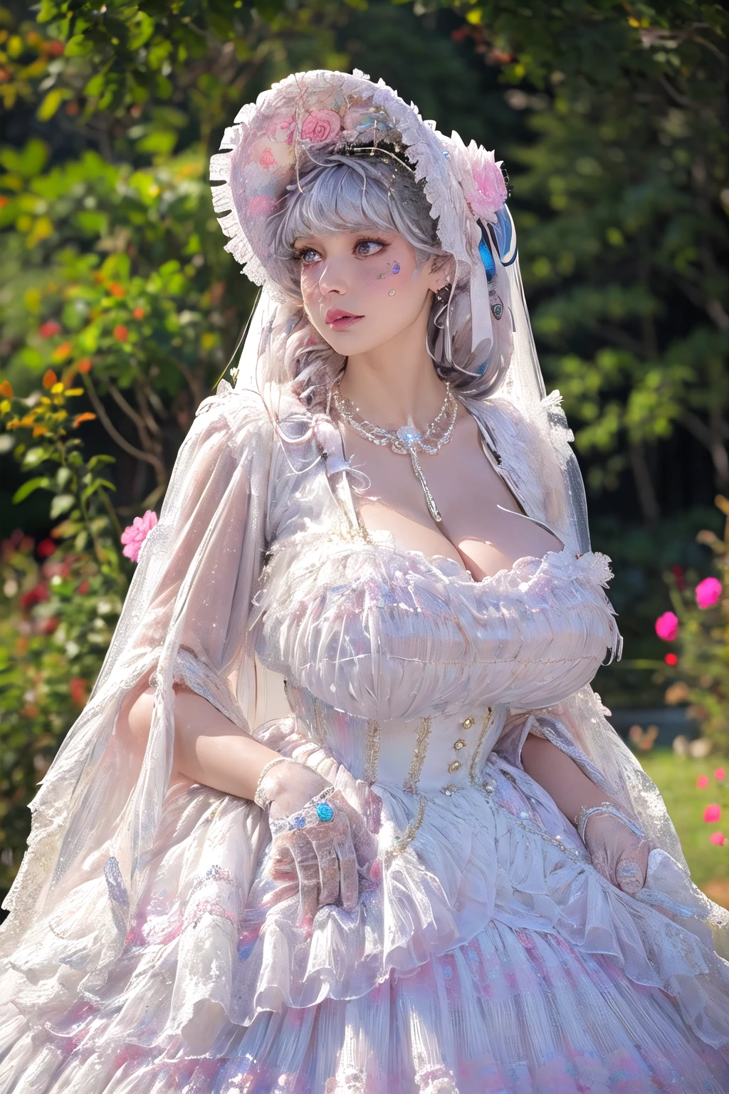 (masterpiece, best quality:1.2),illustration,8k,hd,1girl,solo,silver hair,long hair,cowboy shot,
mjpy,white dress,jewelry,bonnet,ribbon,hair ribbon,pearl necklace,frills,corset,hair ornament,white gloves,bonnet,frilled dress,
(collarbone:1.2),big breasts,saggy breasts,(cleavage:1.2),extremely detailed dress,