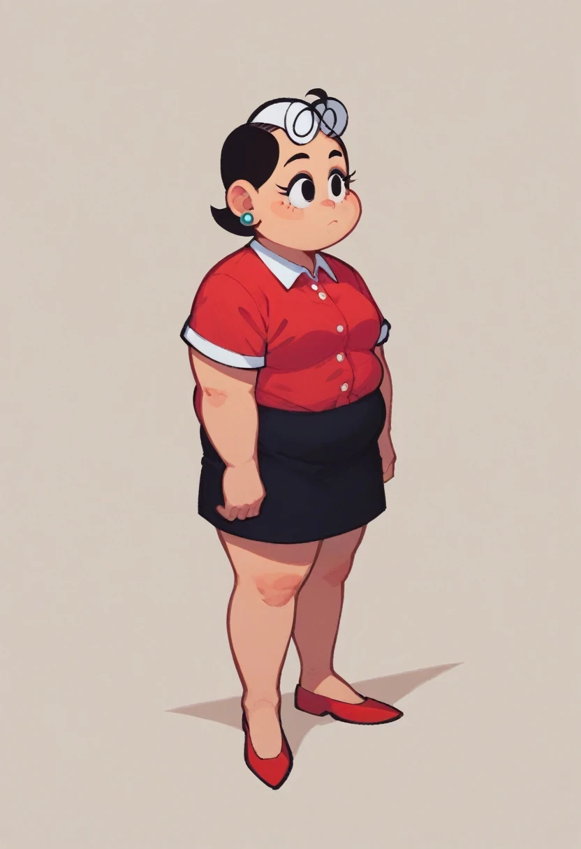 dona_cebola, 1girl, solo, shirt, skirt, black hair, jewelry, full body, earrings, black skirt, black eyes, red shirt, red footwear, fat, polo shirt, standing