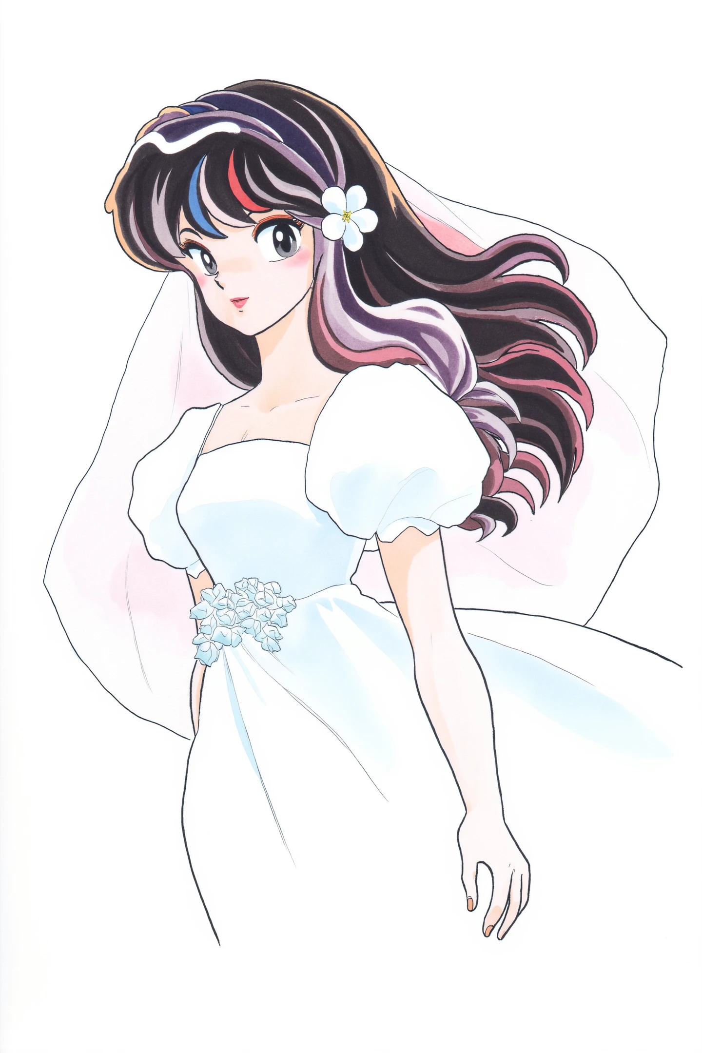 1girl,veil,wedding dress,solo,bridal veil,dress,1980s (style),flower,bride,retro artstyle,long hair,multicolored hair,bouquet,makeup,white dress,traditional media,eyeshadow,blue eyes,puffy sleeves,hair flower,oni,white background,hair ornament,
<lora:Takahashi_Rumiko_FLUX:1>,