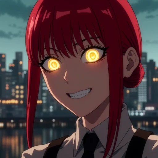 makima, red hair, yellow ringed eyes. Makima smiling angrily at the viewer like a menace. Her yellow eyes are glowing and the background is the skyline of tokyo