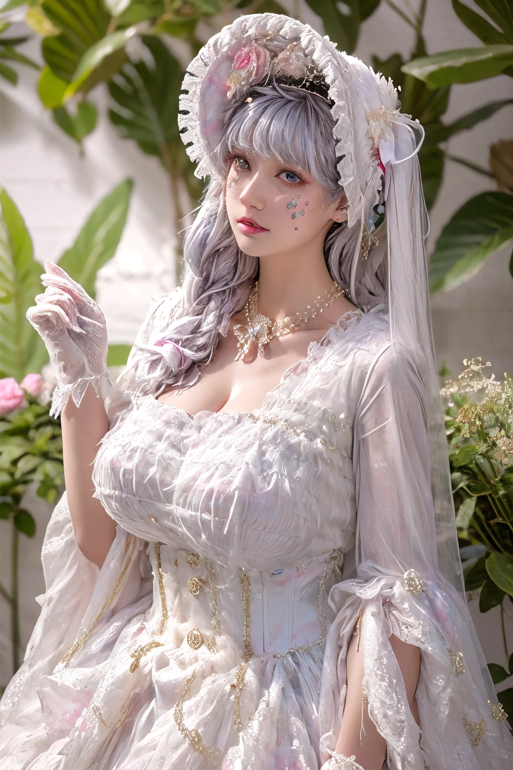 (masterpiece, best quality:1.2),illustration,8k,hd,1girl,solo,silver hair,long hair,cowboy shot,
mjpy,white dress,jewelry,bonnet,ribbon,hair ribbon,pearl necklace,frills,corset,hair ornament,white gloves,bonnet,frilled dress,
(collarbone:1.2),big breasts,saggy breasts,(cleavage:1.2),extremely detailed dress,