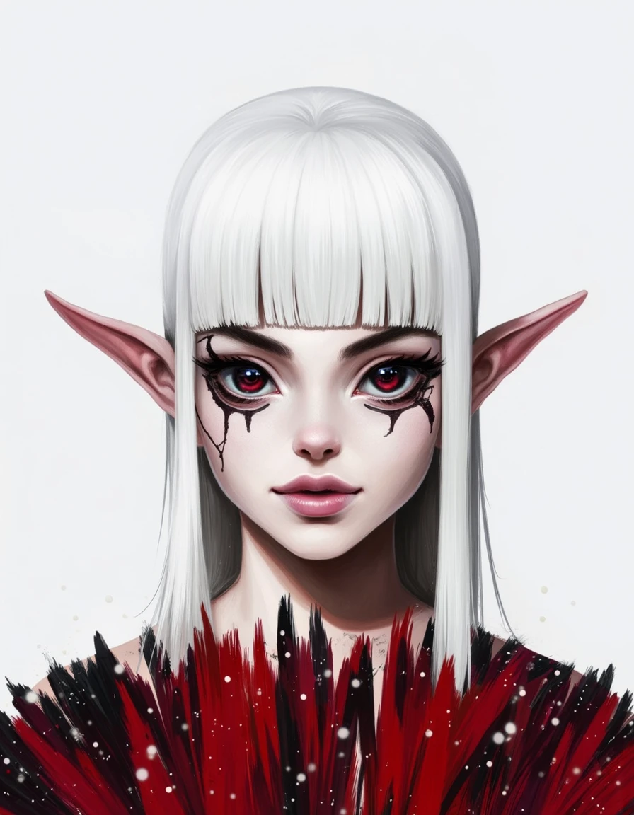 dalu, albino woman with dark eyes with red, black lines under eyes, white eye brows and eye lashes, pink white lips, white skin, white hair with bangs and shaved sides of head, white background, red black brush strokes on bottom of images with white speckle