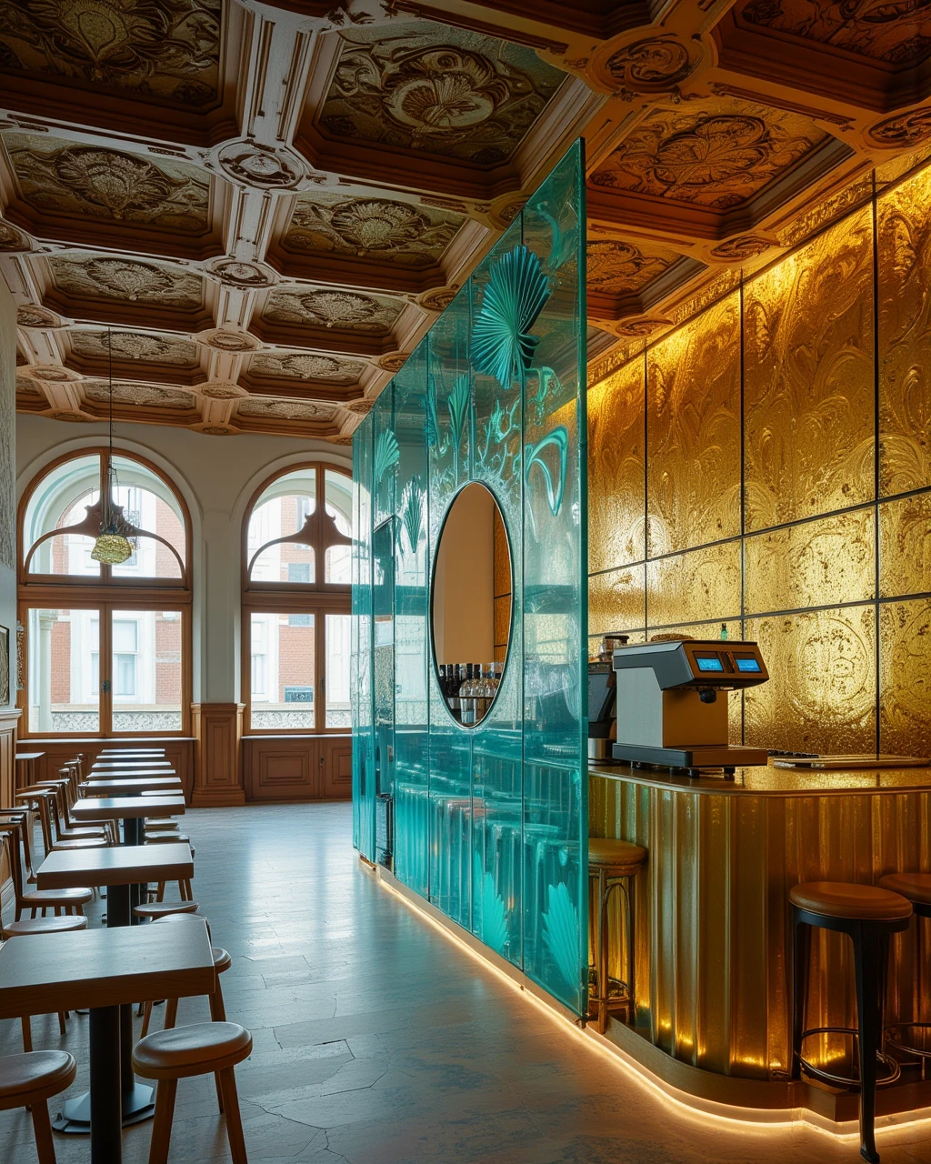 glassbarbylaushine,super wide shot,a cafe interior,which is opulent and ornate style with a intricate coffee bar made of translucent turquoise glass beside the gold-leaf wall,a high-tech coffee machine on it.There are lots of  modern chairs and tables surround the bar