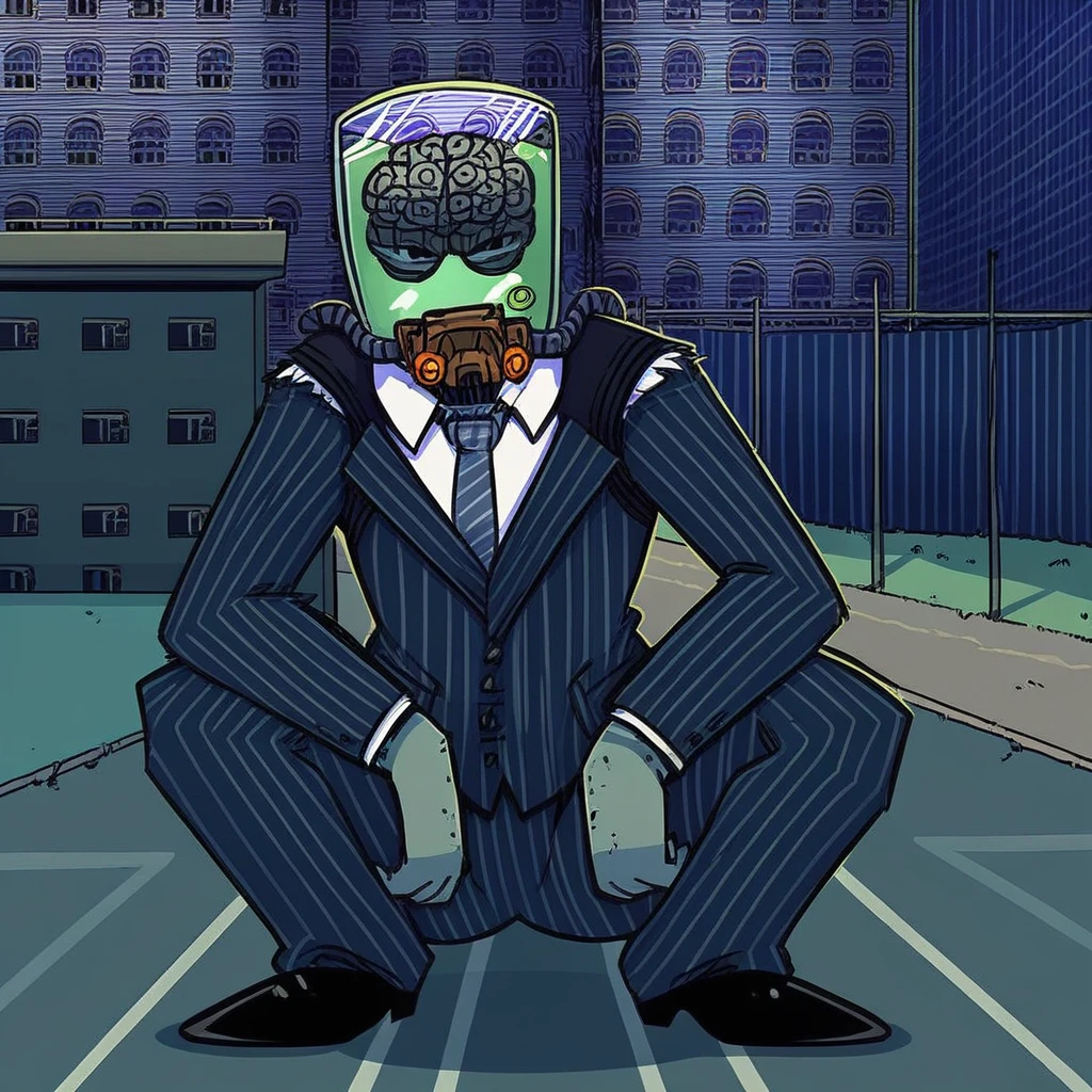 weapon, solo, cartoon, outdoors, pinstripe pattern, indoors, squatting, holding, sitting, suit