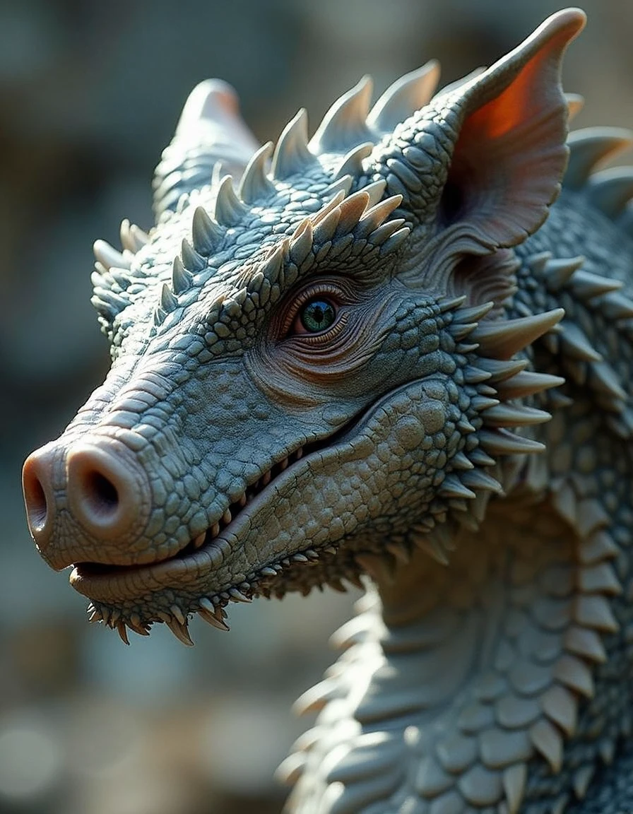 dr490n639. image of a dragon with a pig shaped head. rocky background.