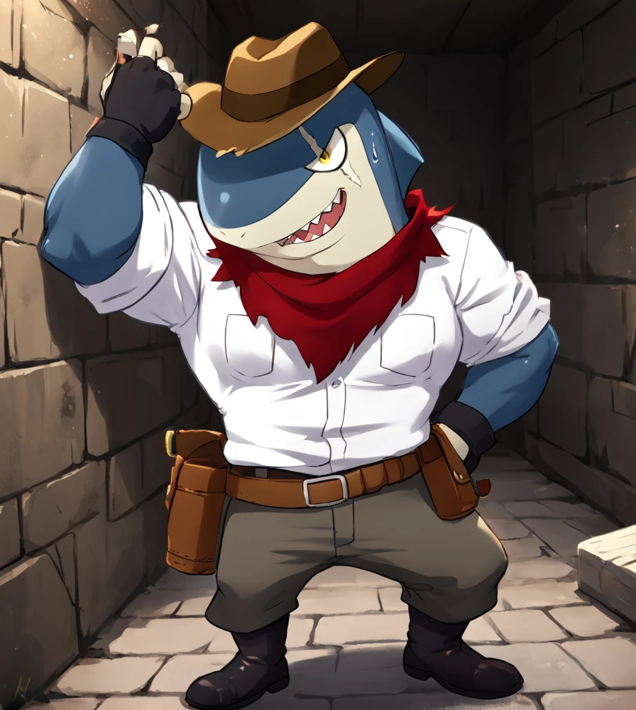 score_9, score_8_up, score_7_up, high res:1.5, digital media (artwork), lineless:1.5, sweatdrop, solo focus, 1ndyj4ws, shark, cowboy hat, white shirt, boots, fingerless gloves, clothed, sharp teeth, eye scar, two tone body, blue skin, yellow eyes, short stack, anthro, smirk, male, front view, action pose, cave scenery, <lora:Indy_Jaws_-_Yokai-Watch:0.95>