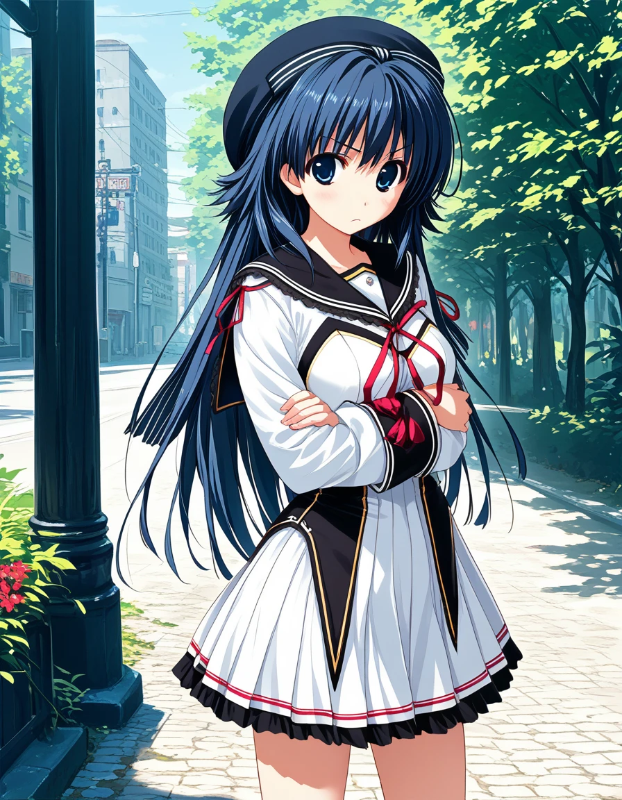 score_9, score_8_up, score_7_up BREAK 1girl, solo, usami saori, black hair, blue hair, long hair, blue eyes, beret, striped ribbon, school uniform, red ribbon, layered dress, frilled sailor collar, frilled white skirt, standing, crossed arms, arms under breasts, cowboy shot, outdoor, <lora:usami_saori_kx_pdxl_v1:0.8>