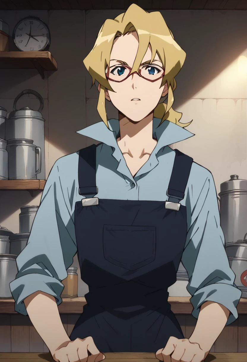 Score_9_up, score_8_up, score_7_up, score_6_up, BREAK 1girl, solo, leyte, blonde, parted bangs, hair between eyes, ponytail, thick frame glasses, collared shirt, overalls,