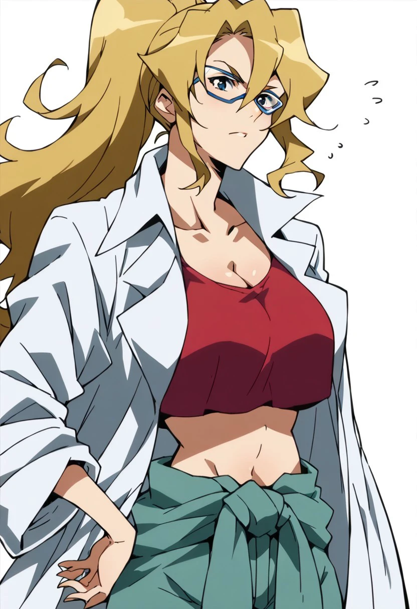 Score_9_up, score_8_up, score_7_up, source_anime, BREAK 1girl, solo, leyte, blonde, parted bangs, hair between eyes, ponytail, thick frame glasses, collarbone,  big breasts, labcoat, crop top midriff, clothes tied around waist, green pants,