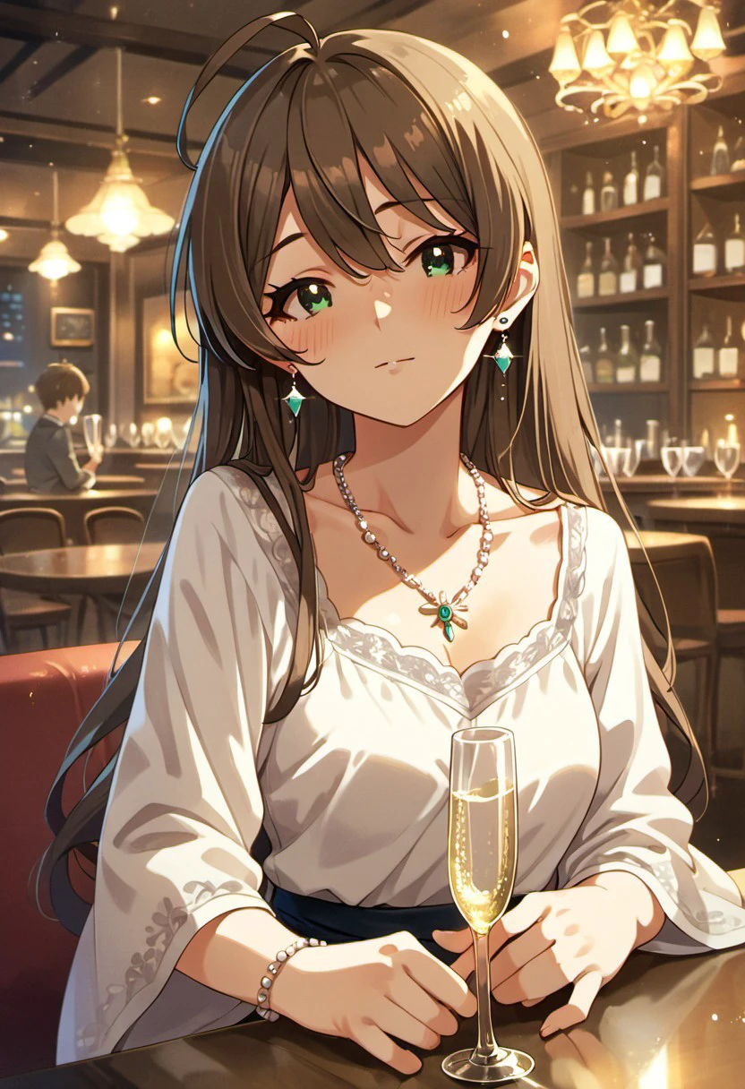 score_9, score_8_up, score_7_up, source_anime, sakuramori kaori, green eyes, brown hair, ahoge, 1girl, jewelry, long hair, earrings, drinking glass, necklace, solo, cup, looking at viewer, blush, champagne flute, collarbone