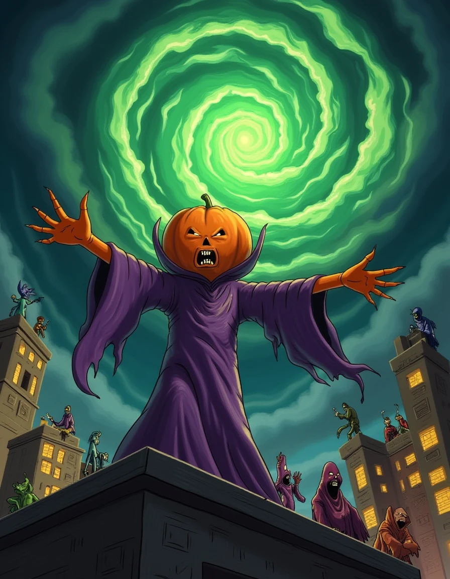 <lora:Samhain_Flux:1.5> Halloween night, Pumpkin head, ripped purple robes, arms out stretched as he casts a deadly spell. On the top of a building in a city. Swirling vortex's of  green energy appearing in the clouds. Ghost and demons emerge from the vortexes, dozens of ghouls, goblins and monsters are on the surrounding rooftops.