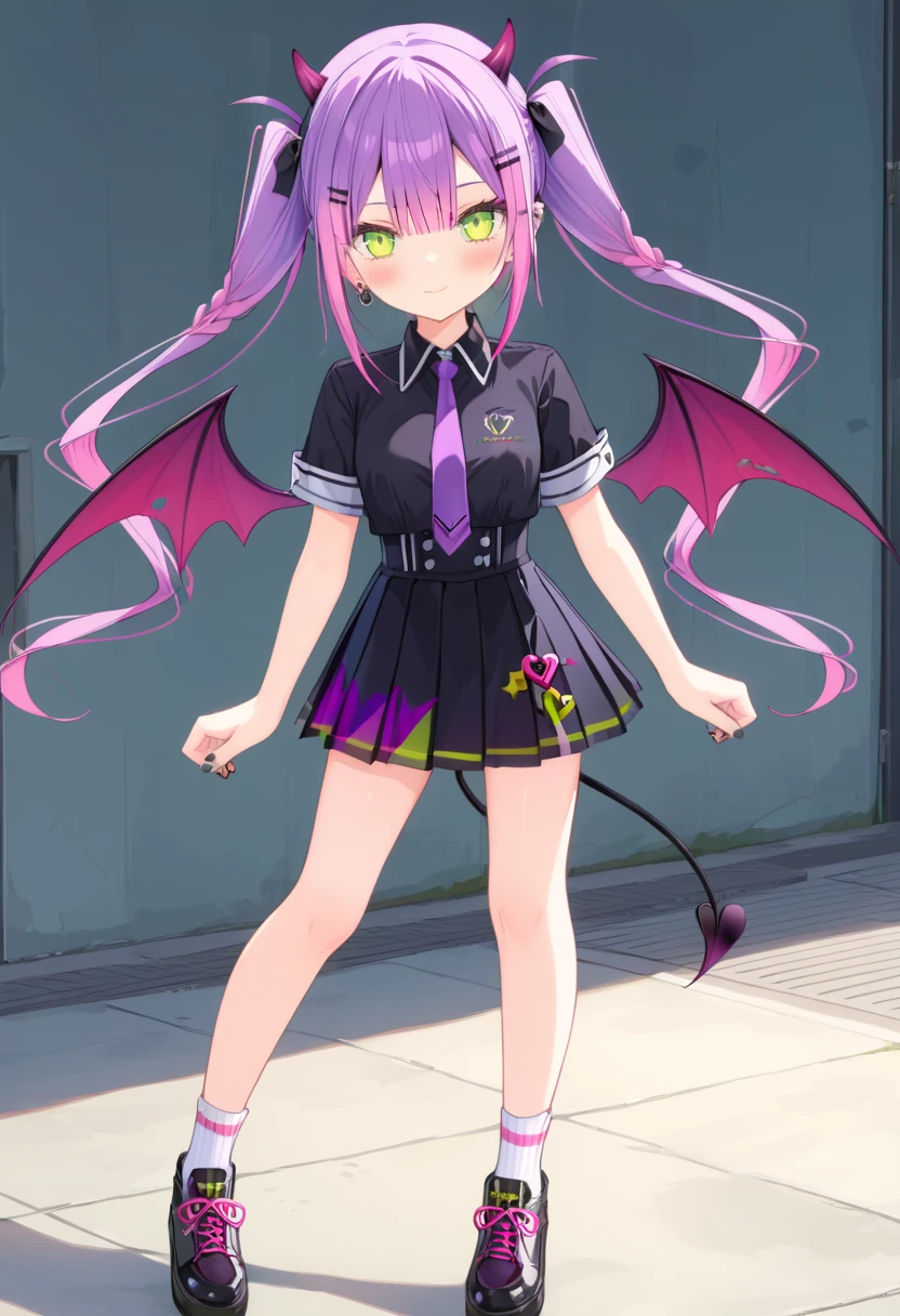 score_9,score_8_up, BREAK source_anime, masterpiece,  rating_explicit, anime_screencap, 1girl, solo, looking at viewer, tokoyami towa, towaD, demon tail, virtual youtuber, demon horns, purple hair, green eyes, black skirt, purple necktie, demon wings, full body, black socks, tail ornament, braid, twin braids, multicolored hair, white background, looking at viewer, black footwear, demon girl, black shirt, ear piercing, blush, pink hair, short sleeves, pleated skirt, hair ornament, long hair, hairclip, black nails, smile, standing, closed mouth, collared shirt, twintails, breasts, tail piercing, high-waist skirt, underbust, nail polish, straight-on, ribbon