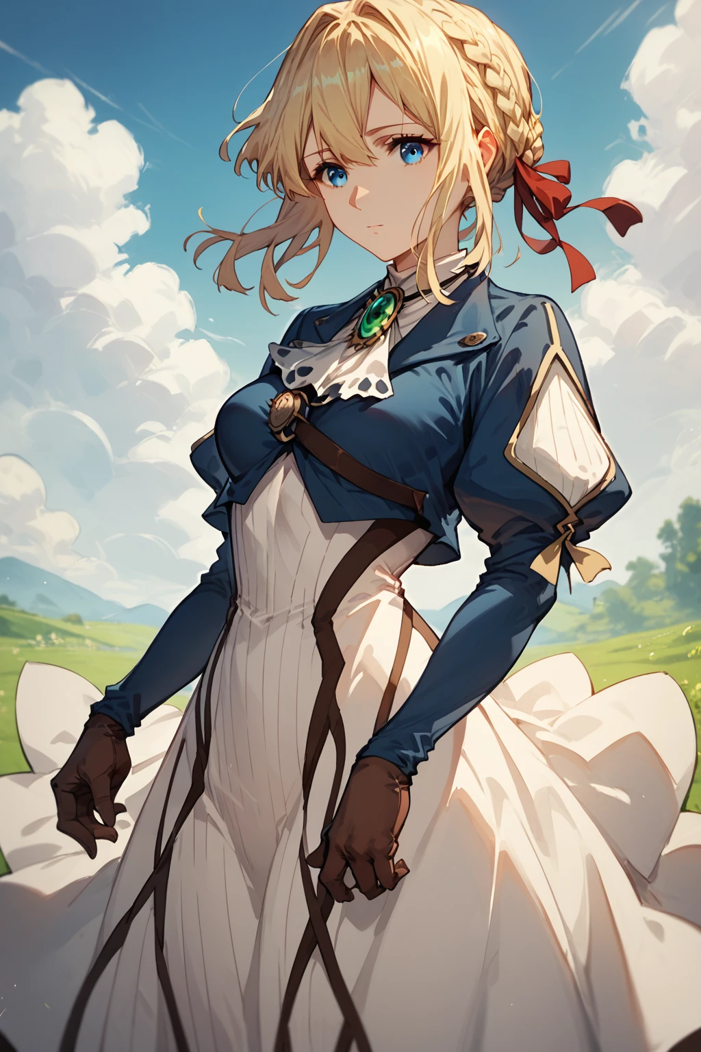 score_9, score_8_up, score_7_up,1girl,violet evergarden,blonde, braid, red ribbon, blue eyes, medium breasts, blue jacket, cropped jacket, brooch,ascot ,Juliet sleeves, dress, white dress, brown gloves, cowboy shot, looking at viewer