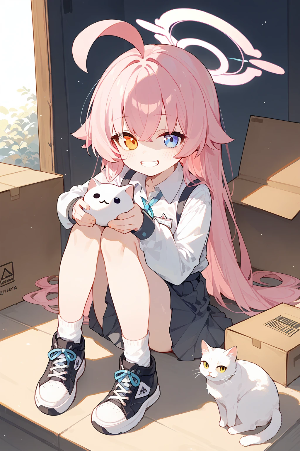 (score_9,score_8_up,score_7_up),<lora:hoshino (blue archive)-v1:1>,hoshino (blue archive),1girl,heterochromia,pink hair,long hair,skirt,halo,shirt,cat,ahoge,white shirt,blue eyes,smile,sitting,socks,shoes,solo,very long hair,looking at viewer,collared shirt,long sleeves,pleated skirt,black skirt,sneakers,bangs,black footwear,orange eyes,full body,cardboard box,hair between eyes,grin,grey skirt,yellow eyes,box,white cat,white socks,holding,holding animal,animal,
good feet,anime,NSFW,expressive,amazing quality,ultra hd 32k,