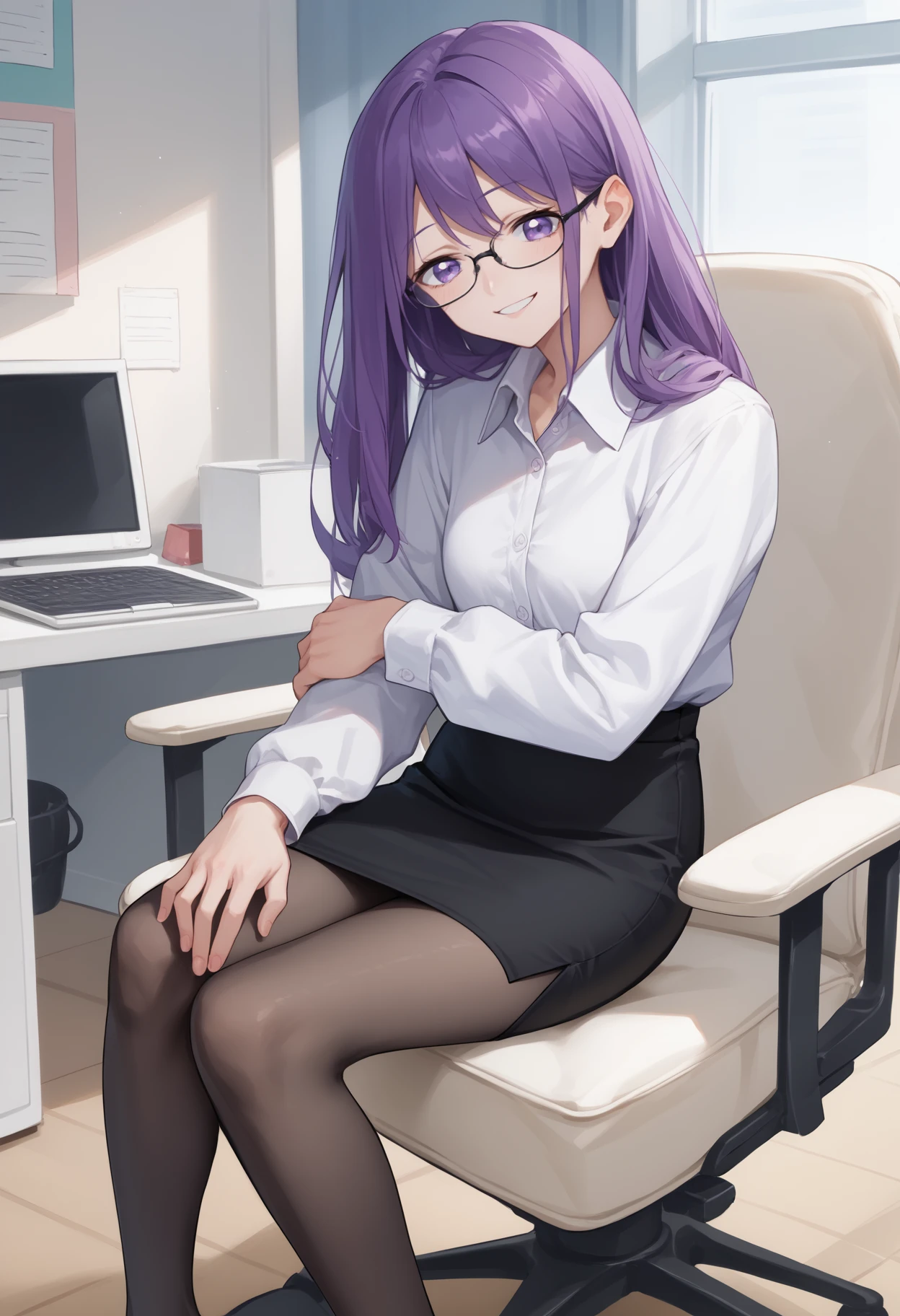 score_9, score_8_up, score_7_up, source_anime, <break> solo, 1girl, kubo nagisa, smile, looking at you, sitting, swivel chair, long hair, purple hair, purple eyes, glasses, white shirt, collared shirt, long sleeves, black skirt, pencil skirt, black pantyhose, indoors, office
<segment:yolo-face_yolov8m.pt,0.4,0.5//cid=1>