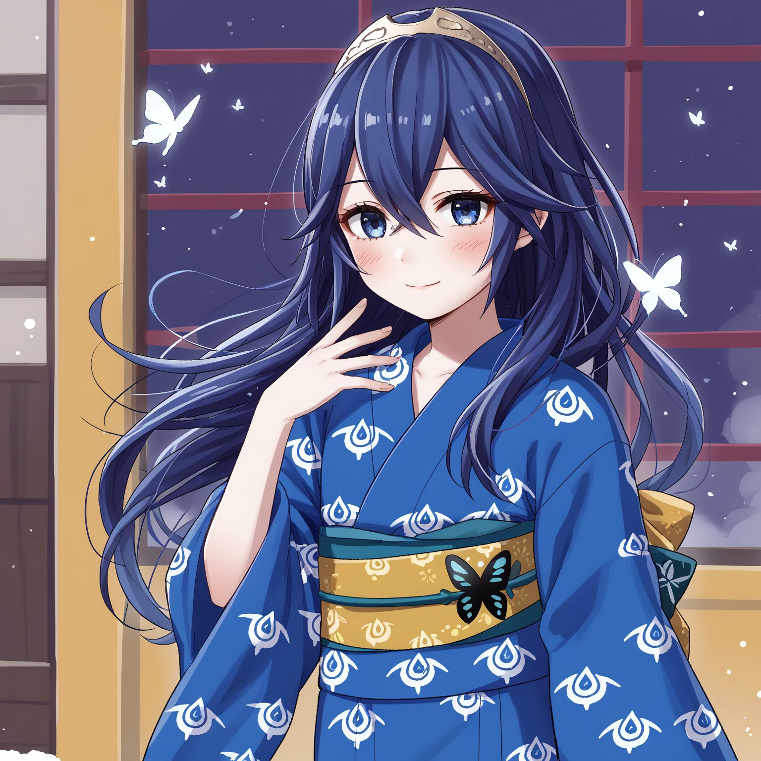 1girl, arm_at_side, blue_eyes, blue_hair, blue_kimono, blue_yukata, blush, butterfly_ornament, eyelashes, female_focus, fingernails, flat_chest, floating_hair, hair_between_eyes, hair_ornament, hand_on_own_chest, hand_up, japanese_clothes, kimono, light_smile, long_hair, long_sleeves, looking_at_viewer, obi, parted_bangs, print_kimono, print_yukata, sash, sidelocks, standing, symbol_in_eye, tiara, traditional_clothes, transparent_background, wide_sleeves, yellow_obi, yellow_sash, yukata