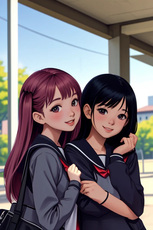 2girls, school campus, smiling <lora:LCM_LoRA_Weights_SD15:1>