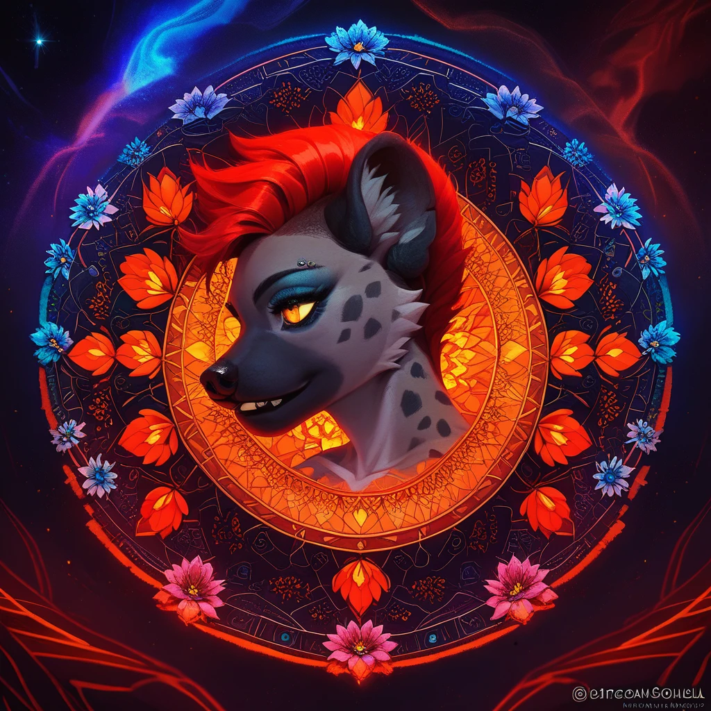 score_9, score_8_up, score_7_up, beautyfull color,  aesthetic, 2d, Neon, Glowing orange blue, flower, lotus, nebula, furry, solo green nipples, red undercut, grey fur, red hair, hyena,