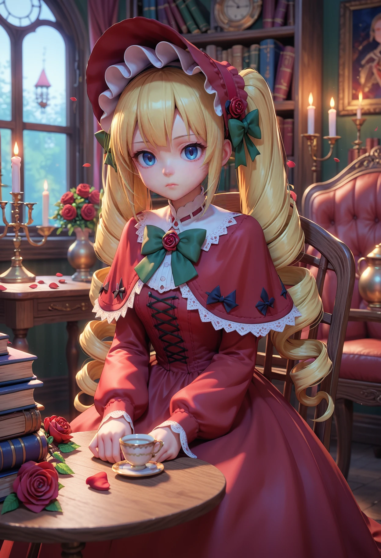 score_9,score_8_up,score_7_up
1girl, shinku, solo, long hair, blonde hair, dress, book, sitting, blue eyes, flower, bonnet, long sleeves, bow, indoors, twintails, red flower, bangs, chair, candle, red dress, cup, rose, petals, window, green bowtie, looking at viewer, holding, bowtie, candlestand, open book, drill hair, sidelocks, green bow, red rose, table, expressionless, lamp, closed mouth, teacup, very long hair, capelet, red headwear