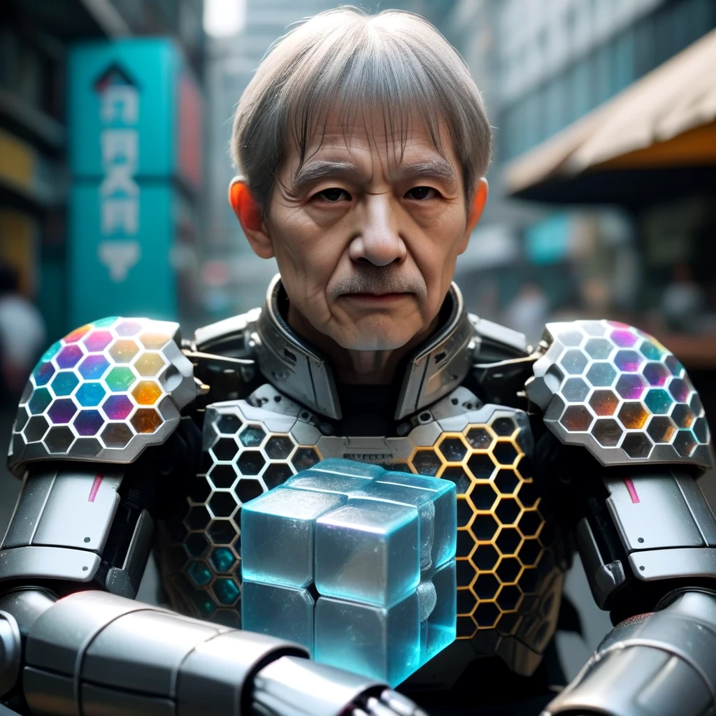 <lora:Scale_armor_SDXL:0.7>old man, wrinkled skin, jewelry, sitting, upper_body, outdoors, armor, blurry, , gauntlets, science_fiction, realistic, nose, android, mechanical_arms, cyborg, barcode, cyberpunk, ice_cube, mechanical_parts, honeycomb_(pattern), energy barrier