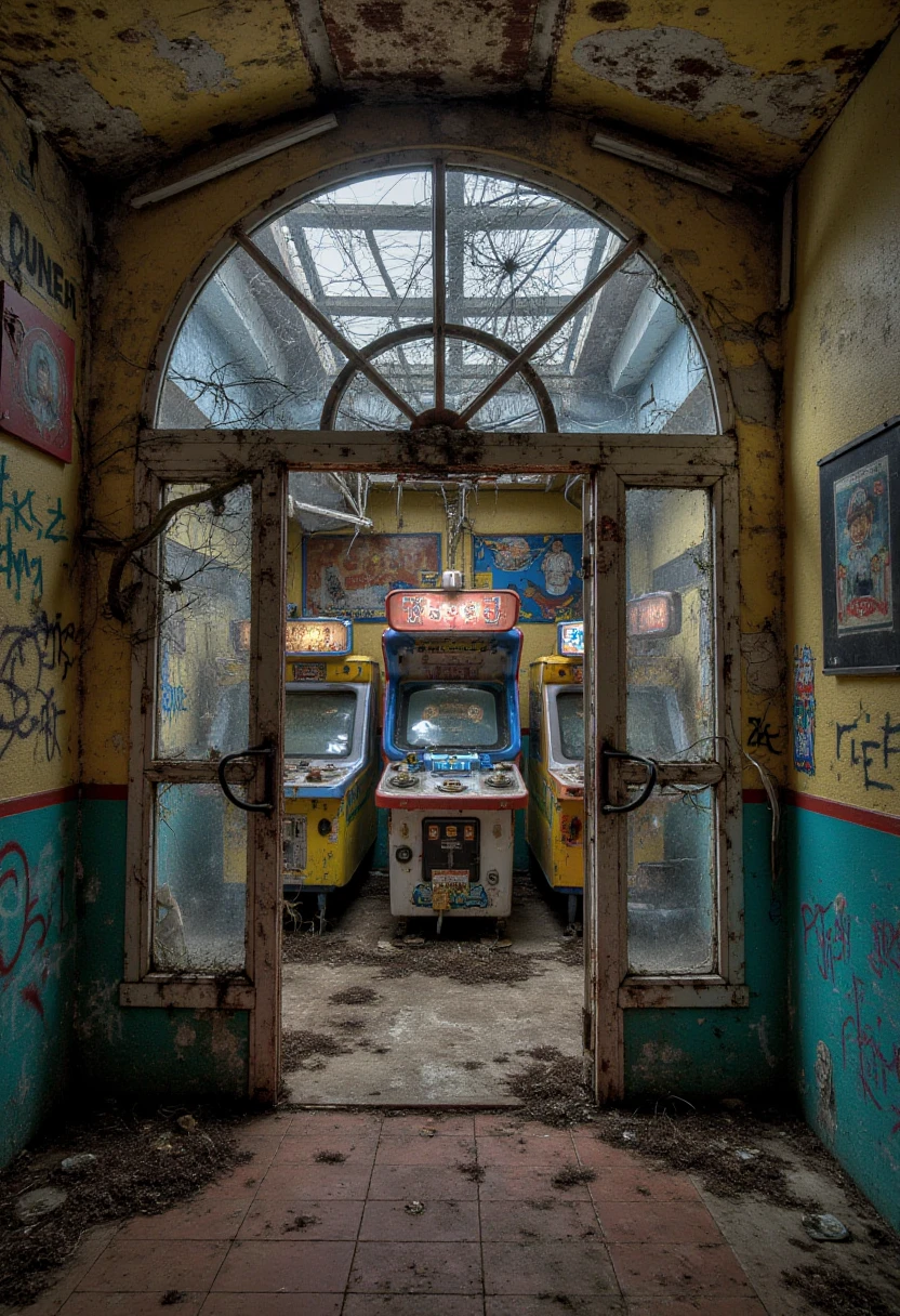 A derelict funhouse with a cracked mirror maze and decayed carnival lights. The entrance is blocked by fallen debris, and the walls are covered in graffiti. Broken mirrors reflect distorted images, and a cold breeze blows through the shattered windows.|An empty arcade building with shattered windows, its interior littered with broken game machines and scattered tokens. Dust coats the floor, and the once-bright neon signs flicker faintly. The air is heavy with the scent of mildew and neglect.  <lora:urban-decay-parks_v10_rank64_bf16-step02160:1>, abndnd_plcs_prks,