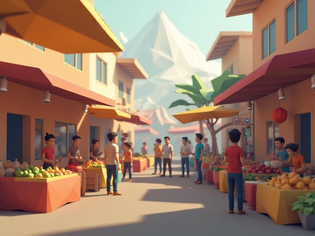 lo-ply_ a low-poly scene A vibrant street market is alive with colors, sounds, and smells. Vendors shout to passersby, offering fresh produce, spices, and handmade goods, while the air is thick with the scent of grilled meats and sweet pastries.