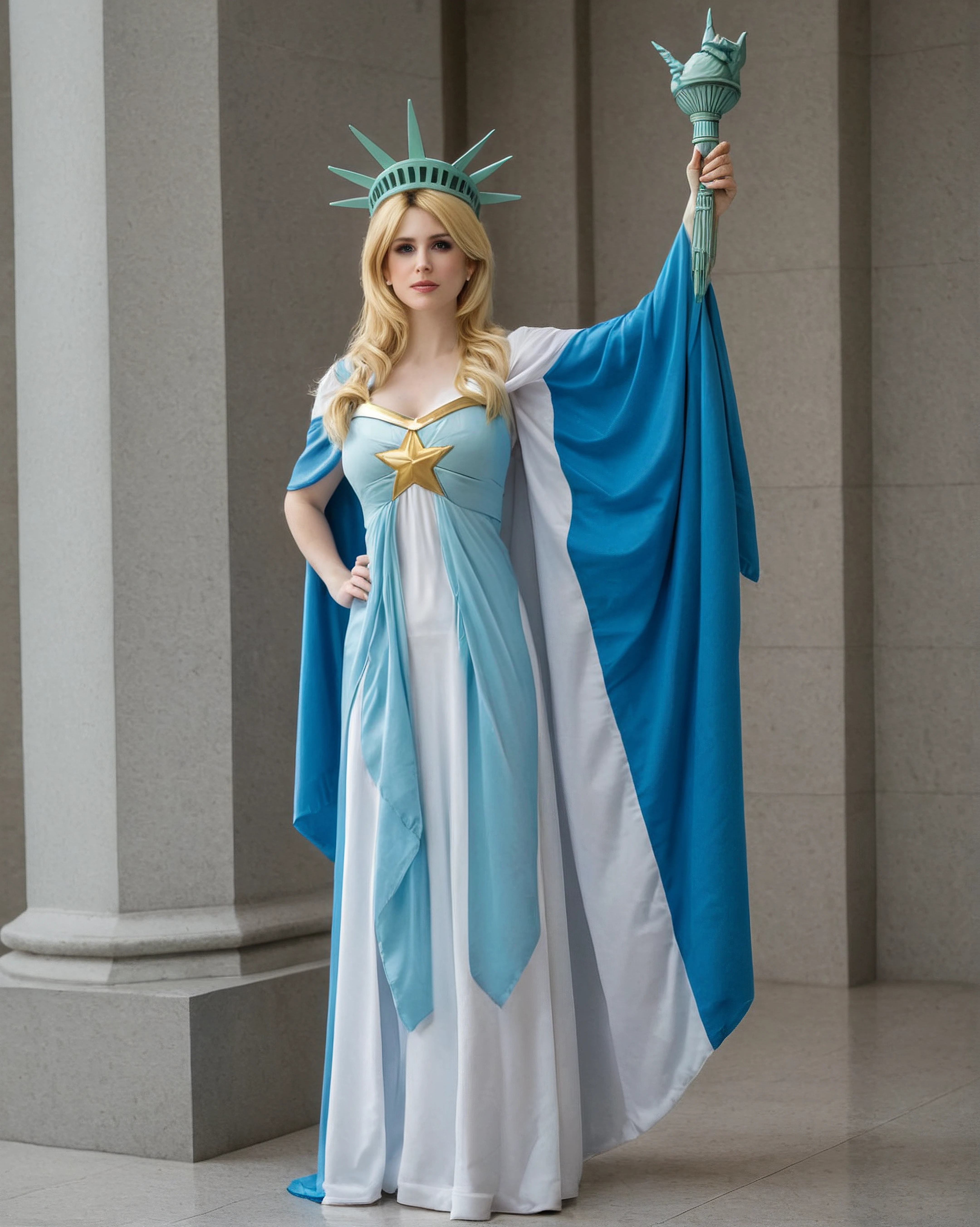 l3m01ne, 1girl, blonde hair, pale skin, statue of liberty cosplay with argentina flag colors, statue of liberty pose, argentina light blue and white flag cape, congress on background, medium shot