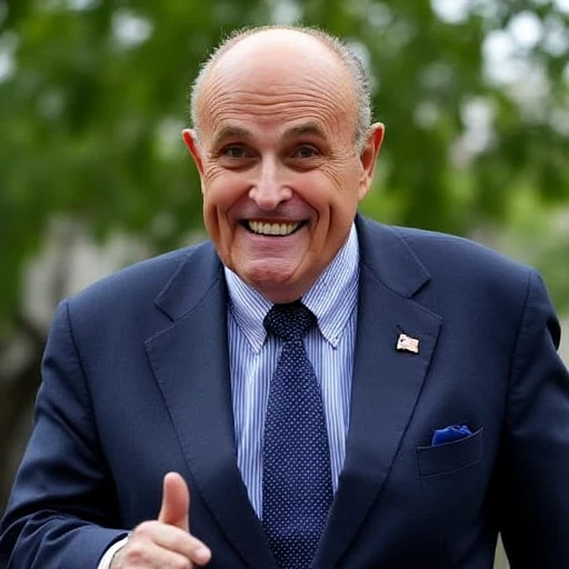 The image is a photograph of an elderly man with a bright, cheerful expression. He is outdoors, standing against a blurred background of green foliage, indicating he is in a park or garden. The man has a bald head and a thin, light-colored beard. He is dressed in a dark blue suit jacket with a white shirt and a navy blue tie with a subtle pattern of small white dots. A small, round pin or emblem is visible on the left side of his jacket, near the lapel. A neatly folded, dark blue pocket square is tucked into the breast pocket of his jacket. The man's eyes are wide open, and he is smiling broadly, showing his teeth. His right hand is raised, palm up, as if he is waving or greeting someone. The lighting is natural, suggesting the photo was taken during the day. The background is slightly out of focus, with green leaves and a hint of blue sky visible, adding to the outdoor setting., giuliani, crazy faces, crazy expressions, weird faces, weird expressions,