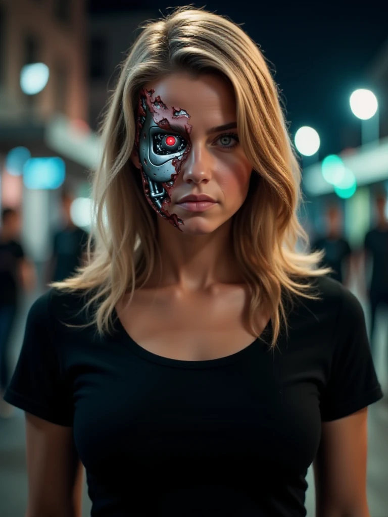 ((TerminatorBattleDamage)), a beautiful blonde caucasian girl ((with facial battle damage consisting of torn flesh and blood and gore that reveals a terminator robot endoskeleton and red robot eye)), she wears a black t-shirt, she looks into the camera with a serious angry facial expression, the image background is a dark city street at night with dim lighting and dynamic lighting that evokes a foreboding atmosphere, the style of the image is a gritty science fiction thriller scene with intricate and in-depth detail, <lora:Hyper-FLUX.1-dev-8steps-lora:0.125>, <lora:TerminatorBattleDamage_Flux-000006:1>