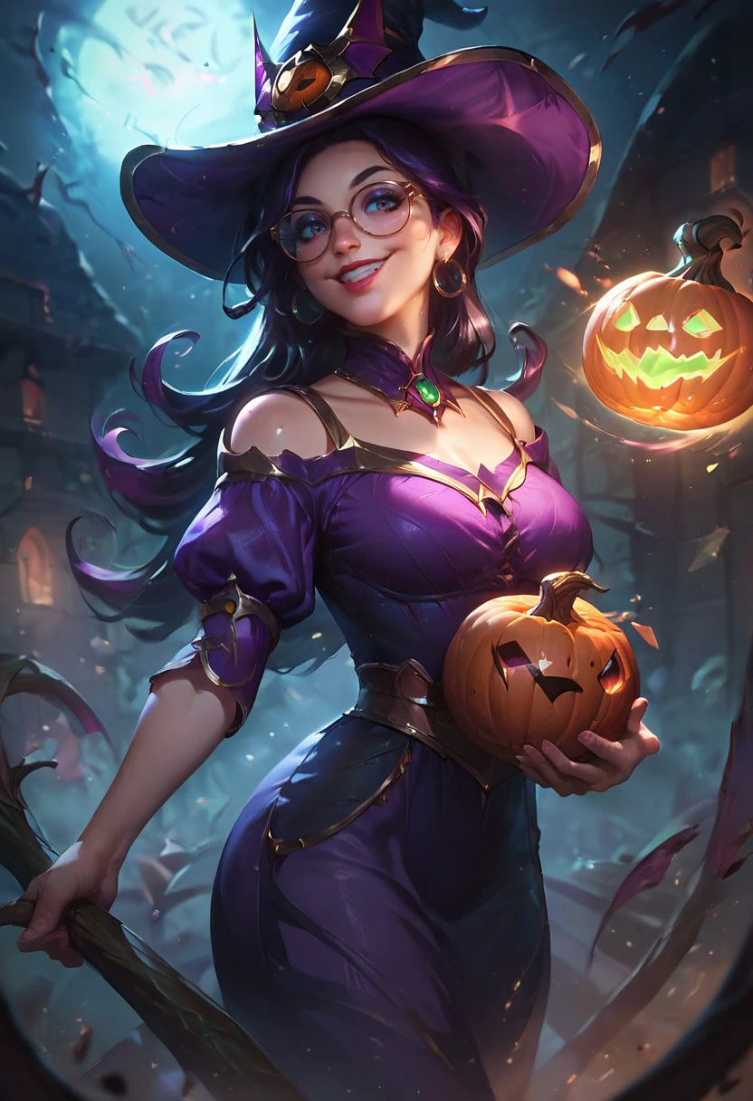 score_9, score_8_up, score_7_up, score_6_up, score_5_up, score_4_up, 1girl, solo, wearing purple top, glasses, long hair, dark hair, lip gloss, eye shadow, smile, portrait, close-up, holding pumpkin,  <lora:ArtStyle_Bewitching_Fantasy:0.7> b3w1tch, witch hat, golden details, <lora:(1)RealistifyPONY:0.6>