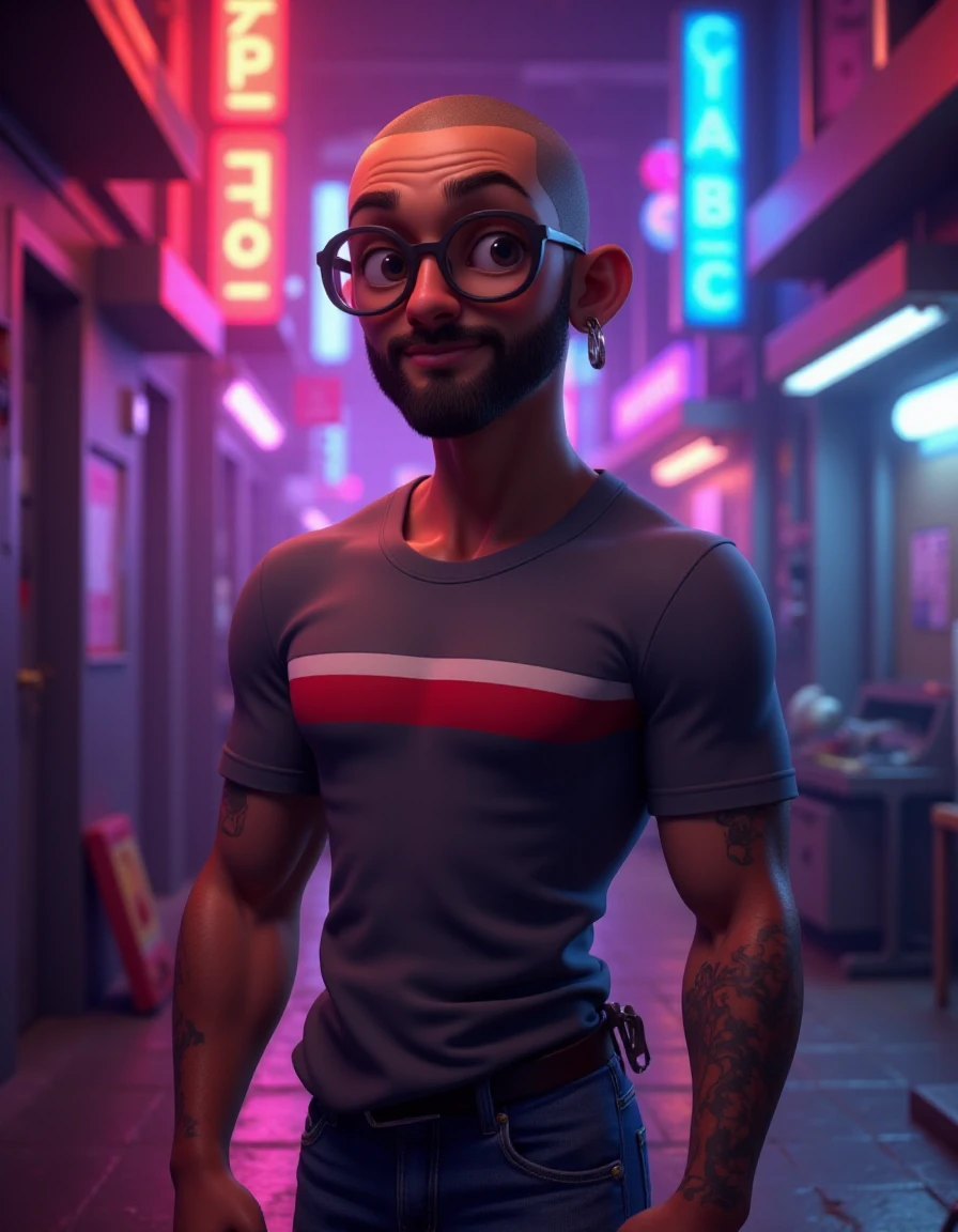 professional 3d model <lora:Cyber_Room:1>, futuristic, detailed, artwork, neon, neon-lit, eclectic, rendering, aesthetic, urban, ultra-modern, <lora:Gandhi_Clone_High:1>, 1boy, tanned skin, bald, beard stubble, black eyes, grey t-shirt with red stripe, jeans, round glasses, single earring,cartoon . octane render, highly detailed, volumetric, dramatic lighting