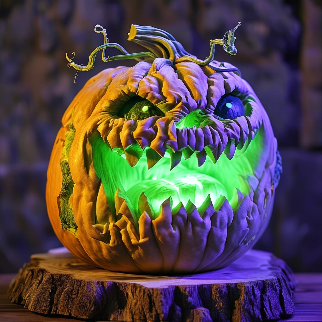 pumpkin monster carving green and purple