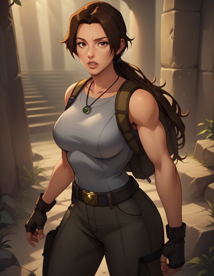 score_9, score_8_up, score_7_up,score_6_up, score_5_up, score_4_up ,
1girl, solo,
large breasts,
LaraDG,
long hair, ponytail, brown hair, brown eyes, 
fingerless gloves, boots, belt, pants, tank top, grey shirt, 
looking at viewer, parted lips, 
 <lora:Lara Croft LoLC PXL v01:1>