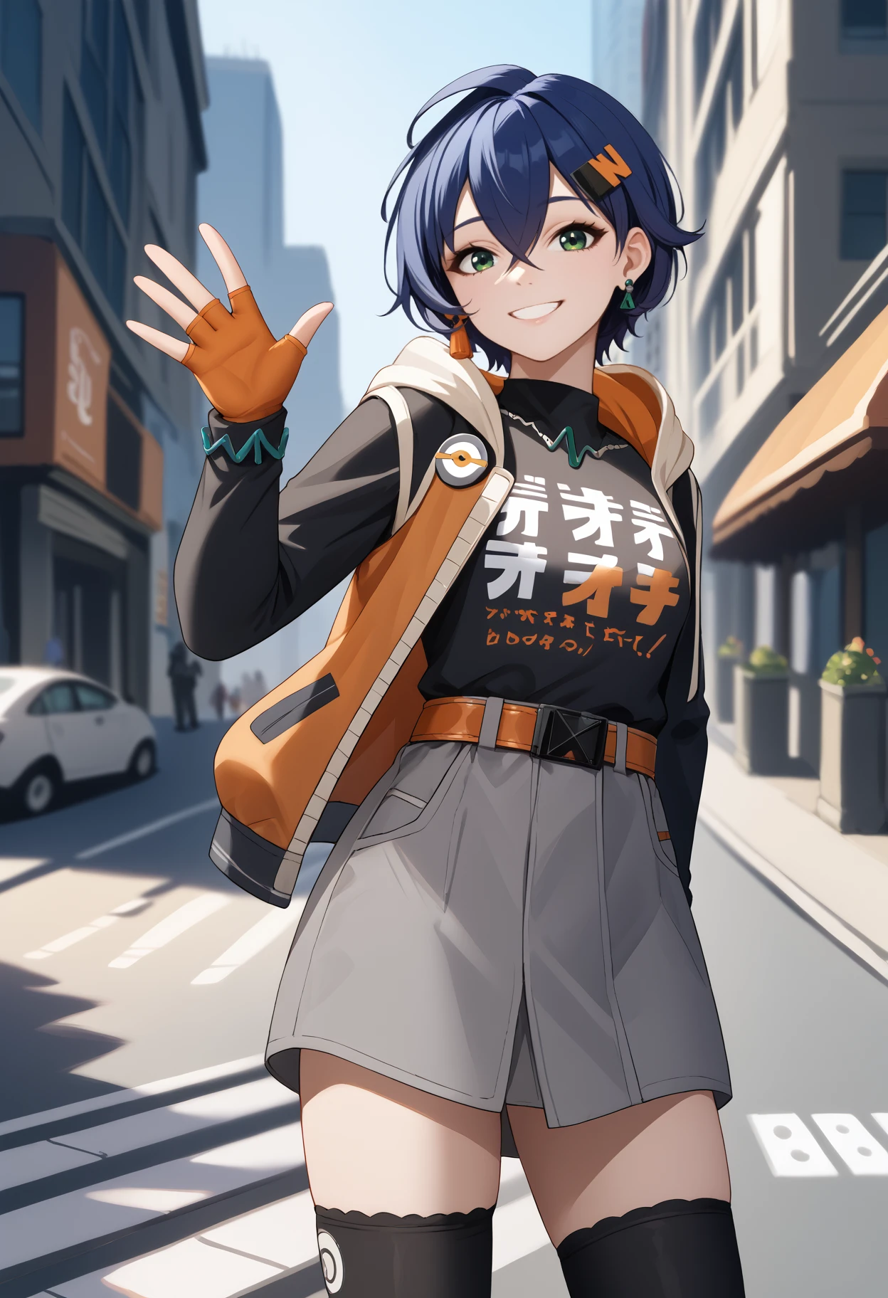 score_9, score_8_up, score_7_up, source_anime, <break> solo, 1girl, zzzb3lle, smile, looking at you, standing, waving, arm behind back, short hair, blue hair, crossed bangs, hair ornament, hairclip, green eyes, hooded jacket, open jacket, black shirt, clothes writing, long sleeves, orange gloves, fingerless gloves, grey skirt, orange belt, black thighhighs, single thighhigh, earrings, necklace, outdoors, city
<segment:yolo-face_yolov8m.pt,0.4,0.5//cid=1>