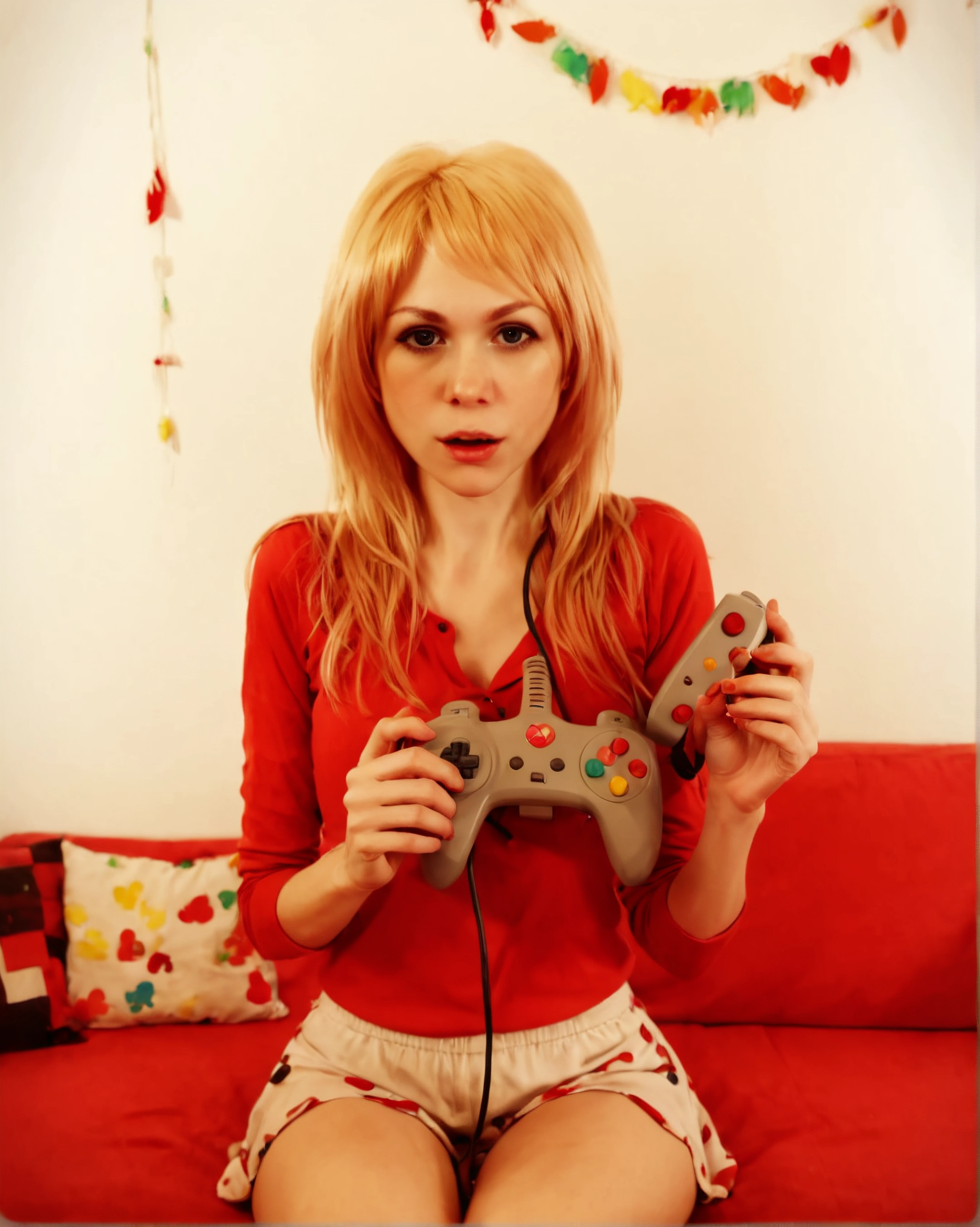 l3m01n3, 1girl, marinagamer, pale skin, blonde long hair, holding game controller