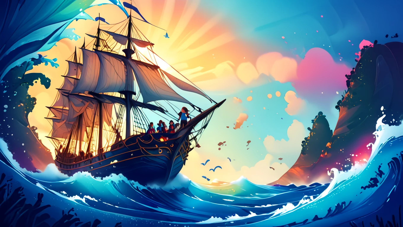 sailing ship, children on an adventure, wide ocean, vibrant palette, illustrated waves, glowing horizon, whimsical storybook, 8k resolution  <lora:artfullySTORYBOOK:1>, artstrybk,