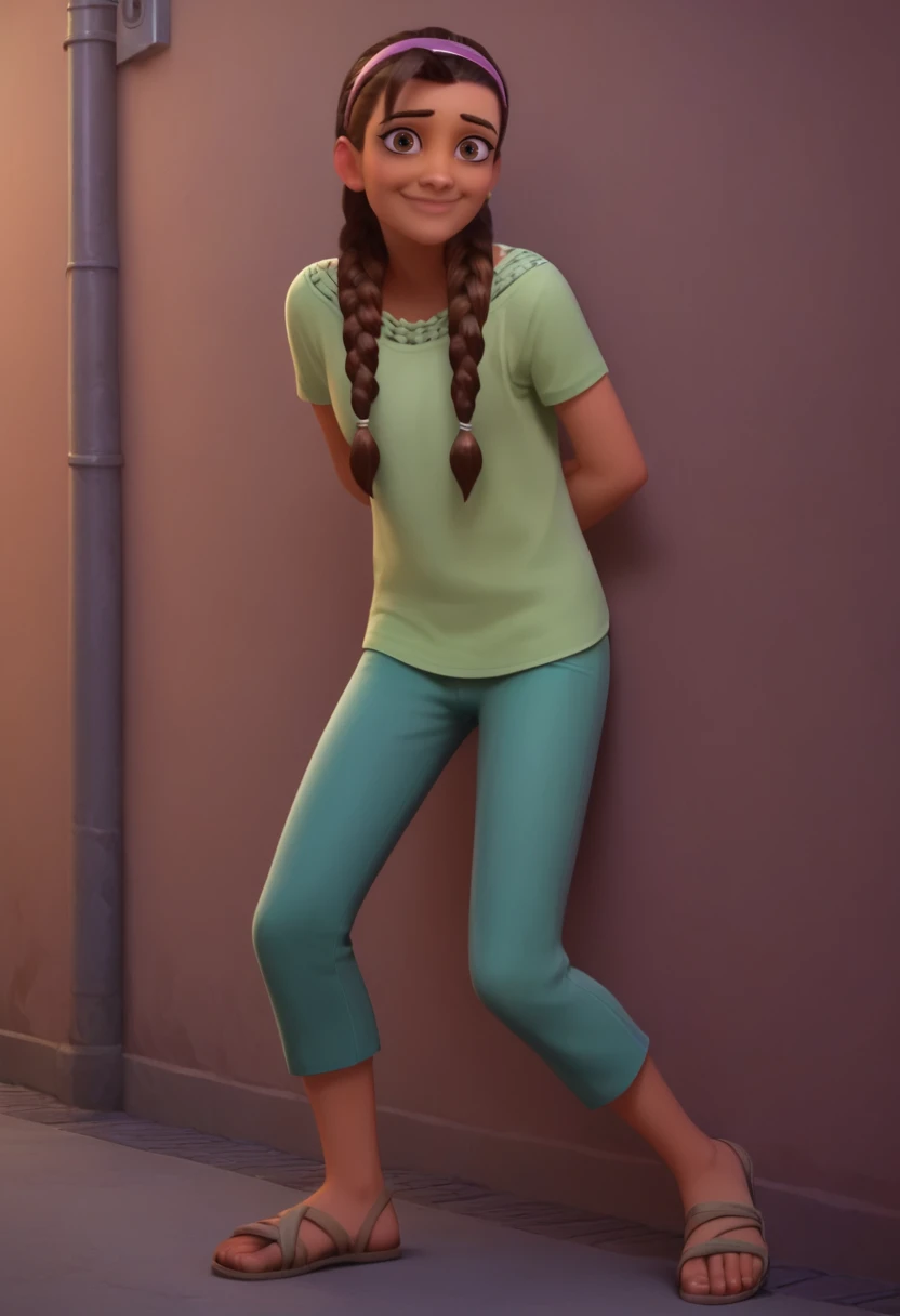 score_9, score_8_up, score_7_up, score_6_up, score_5_up, score_4_up, alley, realistic, <lora:Alejandra_Overwatch:0.9> , alejow, twin braids, brown hair, green shirt, short sleeves, dark-skinned female, brown eyes, blue pants, sandals,  looking at viewer, smile, closed mouth, headband, full body, arms behind back,