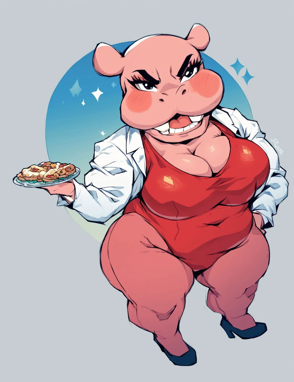 breathtaking oil painting, masterpiece, best quality, an incredibly obese anthro pig lying on a pile of food, obese, incredibly obese, pig, female, bottom heavy,, wide hips, food, pile of food, food everywhere, slob,, lying in a pile of food, naked, nude, dark bathroom, night, blonde hair, long hair, curly hair, green eyes, , photorealistic oil painting, by charlie bowater, fine details, by wlop, trending on artstation, very detailed