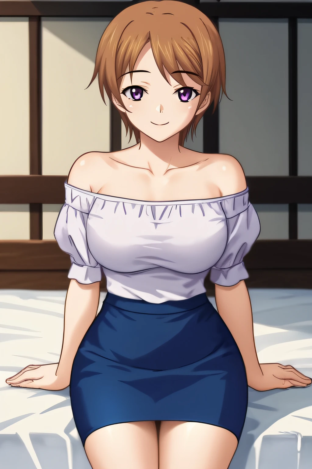 score_9, score_8_up, score_7_up, source_anime, rating_safe, intricate details, anime screencap, official style, 1girl, solo, <lora:Asai_Koharu:1>, koharu, light brown hair, purple eyes, white shirt, off shoulders, pencil skirt, blue skirt, large breasts, looking at viewer, smile, indoor, cowboy shot, thighs, sitting on bed