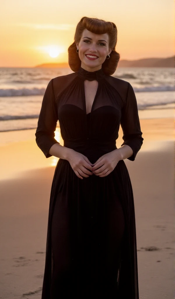 SilkSpectre1 is smiling. She wears a vintage longdress with long sleeves on the beach at sunset <lora:SilkSpectre1:0.9>