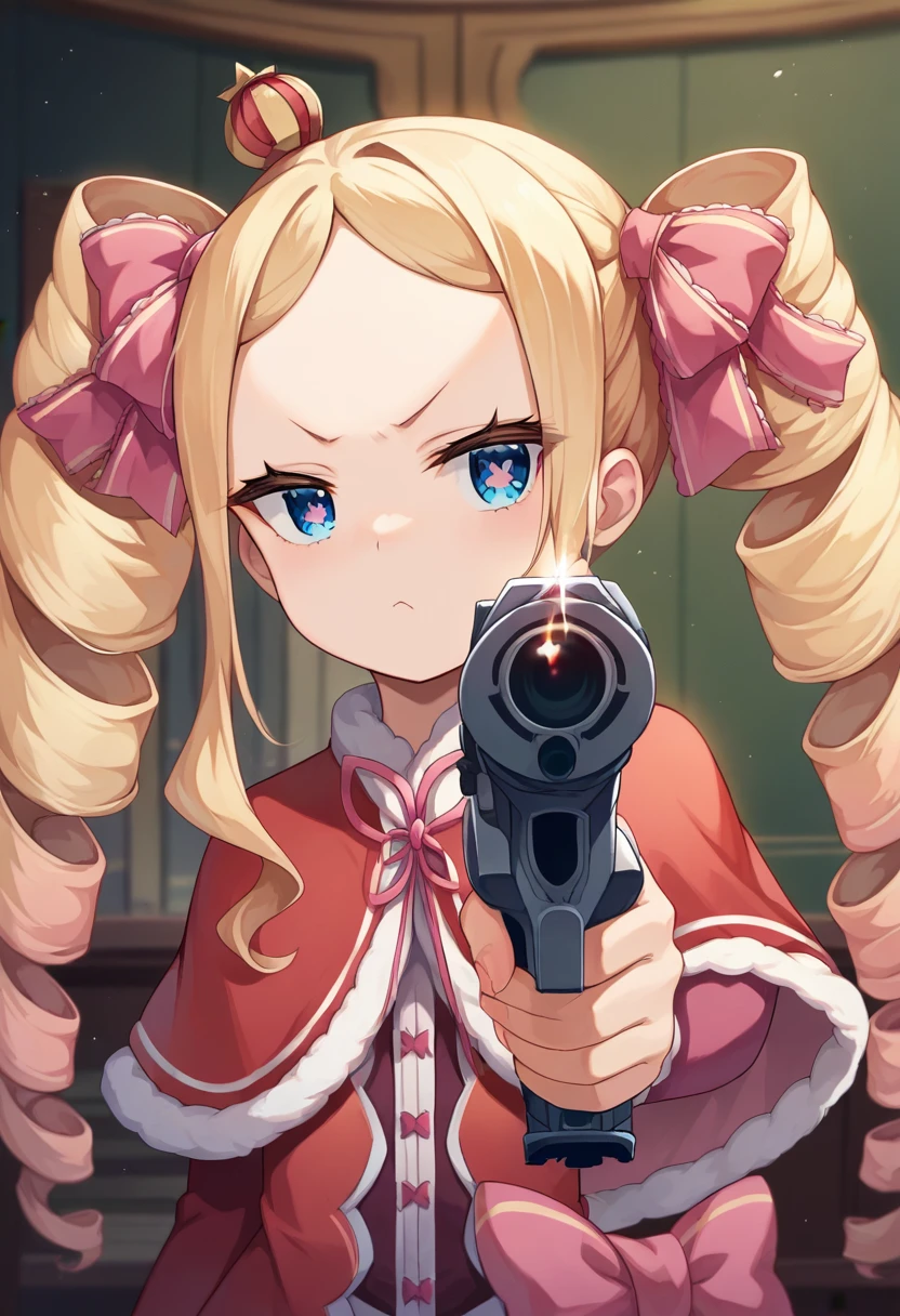 score_9, score_8_up, score_7_up, masterpiece, source_anime, 1girl, ct b3ako, forehead, looking at viewer, upper body, fur-trimmed capelet, red dress, indoors, holding handgun, v-shaped eyebrows, pointing gun at viewer <lora:Beatrice_version2_pony_ct:1>,