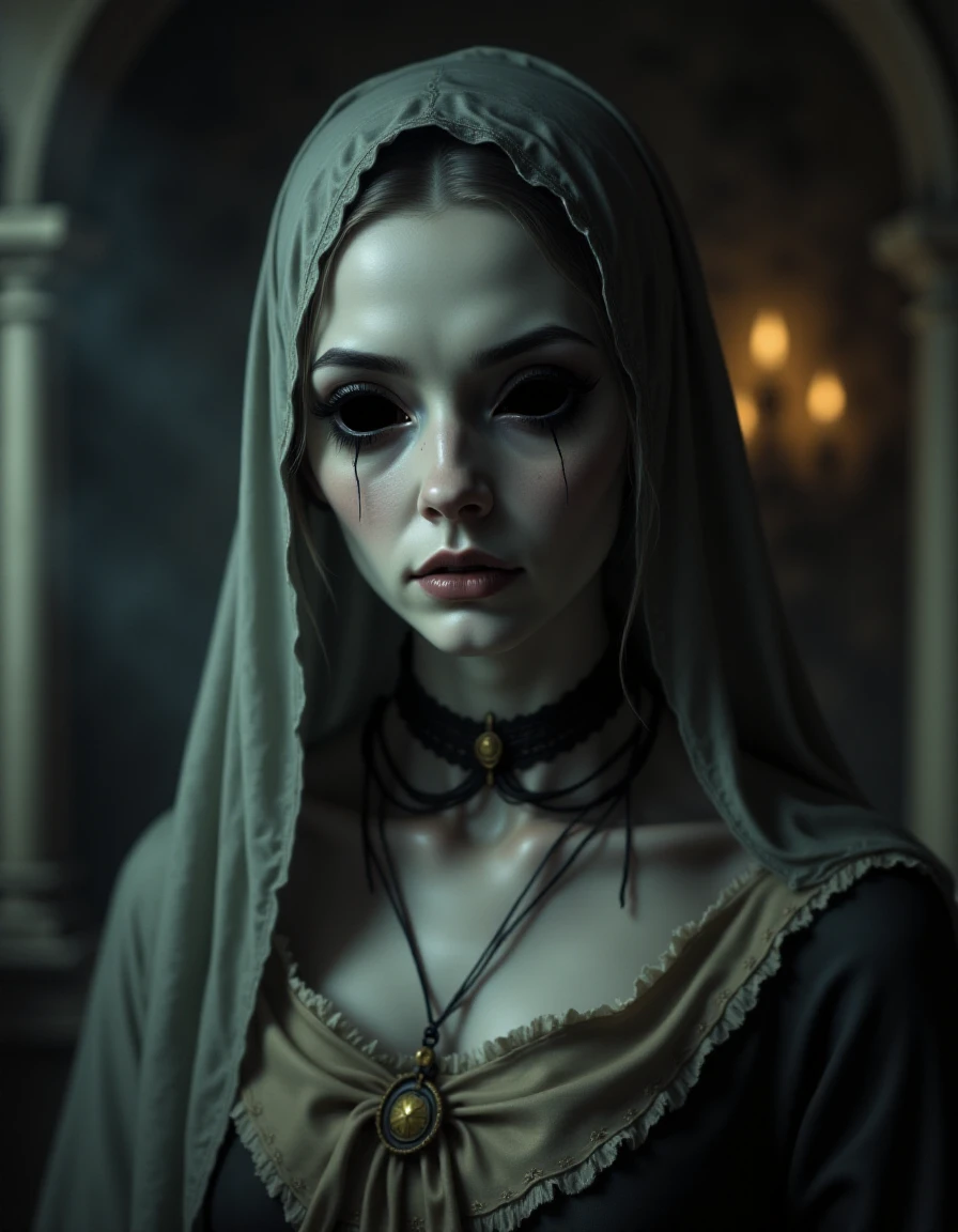 a cinematic shot of a victorian maid with hollow eyes, The background is a dusty medieval mansion interior <lora:Hollow_Eyes_Portrait-000001:1>