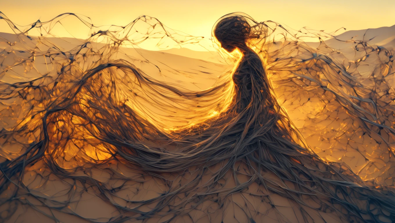 figure made of threads, dissolving into the wind, desert landscape, sun setting, golden hues, intricate texture, long exposure effect  <lora:artfullyTOL:1>, arttl, masterpiece, (figure, soul),