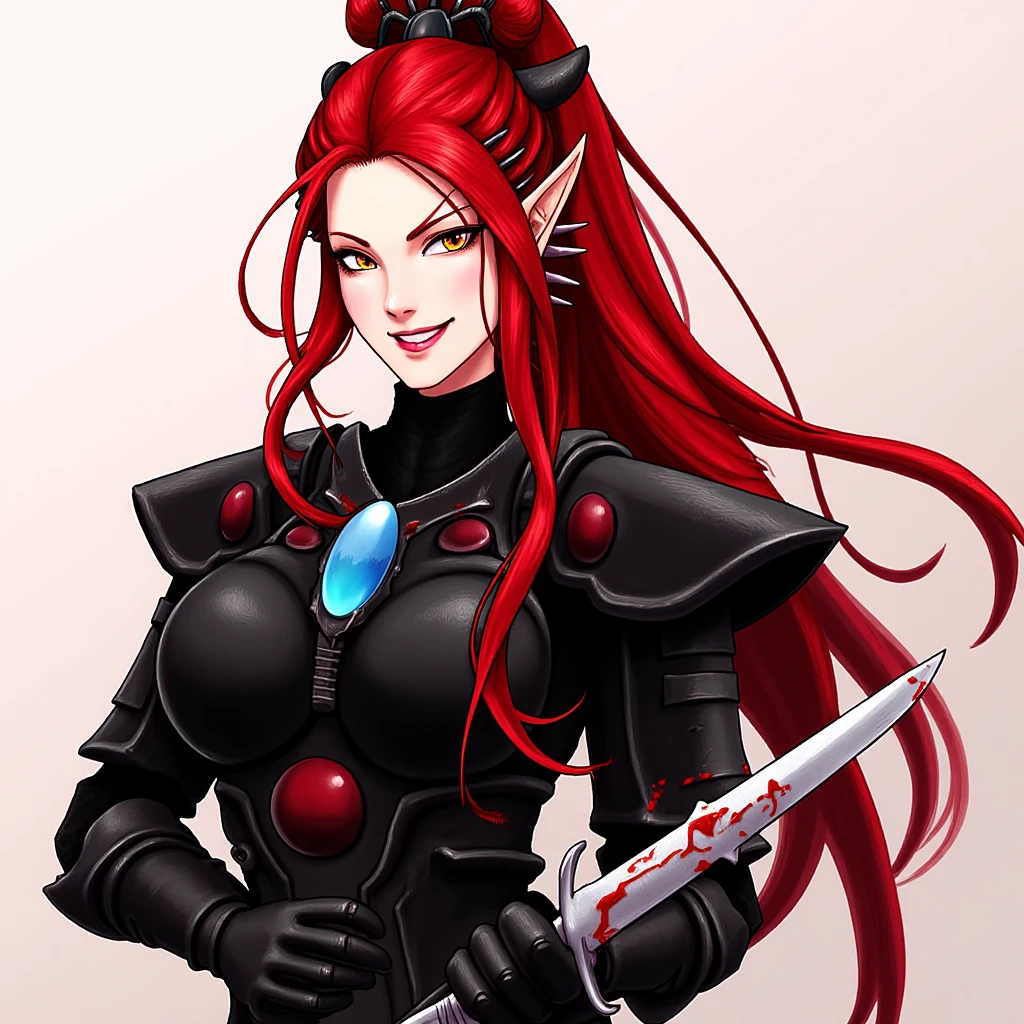 aeldari, drukhari, standart drukhari, dark black drukhari's armor, 1girl, solo, long hair, smile, hair ornament, ponytail, weapon, red hair, sword, hand on hip, blood, makeup, knife, lipstick, shoulder armor, pauldrons, breastplate, blood on face, dagger, blood on weapon, armor