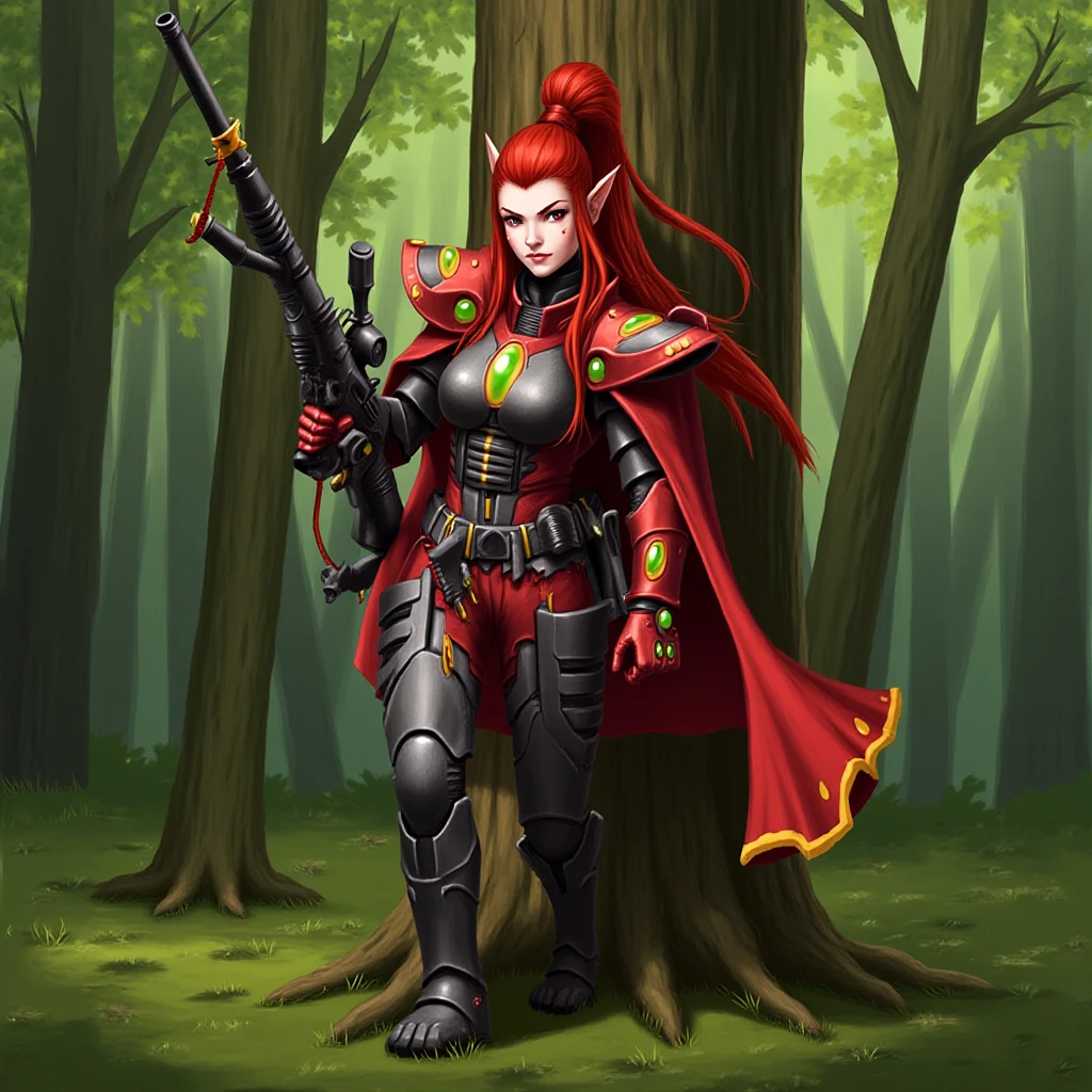 aeldari, asuryani, aeldari ranger, aeldari's armor, solo, long hair, gloves, 1girl, holding, standing, ponytail, weapon, female focus, red hair, boots, pointy ears, cape, holding weapon, tree, gun, nature, rifle, forest, sniper rifle