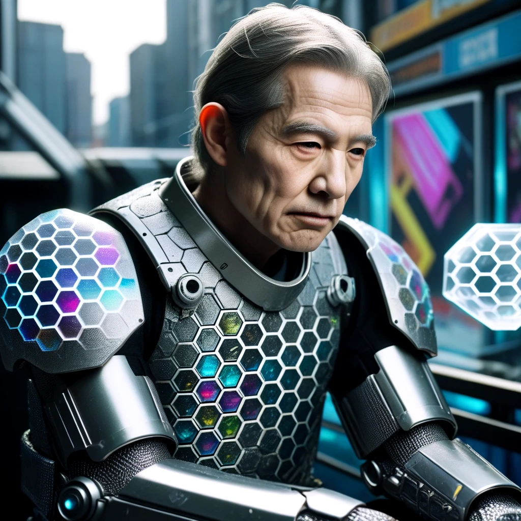 <lora:Scale_armor_SDXL:0.7>old man, wrinkled skin, jewelry, sitting, upper_body, outdoors, armor, blurry, gauntlets, science_fiction, realistic, nose, android, mechanical_arms, cyborg, barcode, cyberpunk, ice_cube, mechanical_parts, honeycomb_(pattern), energy barrier,  Scale armor, boom barrier,