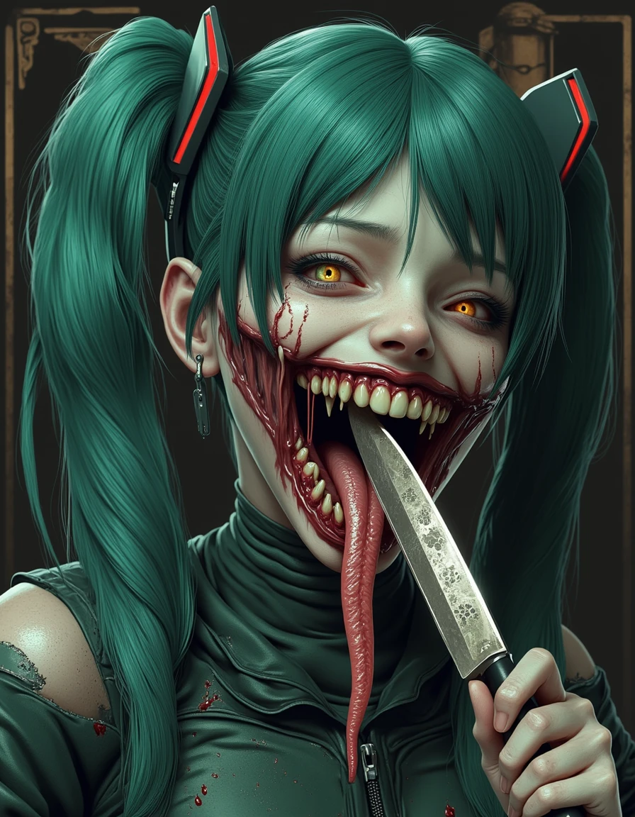 SuchGrotesque, Hatsune Miku long snake like tongue, licking knife