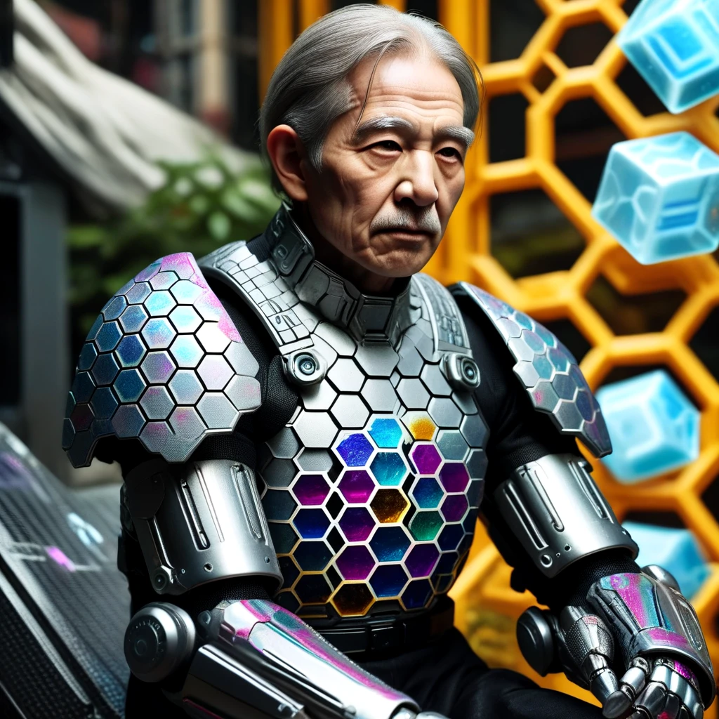 <lora:Scale_armor_SDXL:0.7>old man, wrinkled skin, jewelry, sitting, upper_body, outdoors, armor, blurry, gauntlets, science_fiction, realistic, nose, android, mechanical_arms, cyborg, barcode, cyberpunk, ice_cube, mechanical_parts, honeycomb_(pattern), energy barrier,  Scale armor, boom barrier,